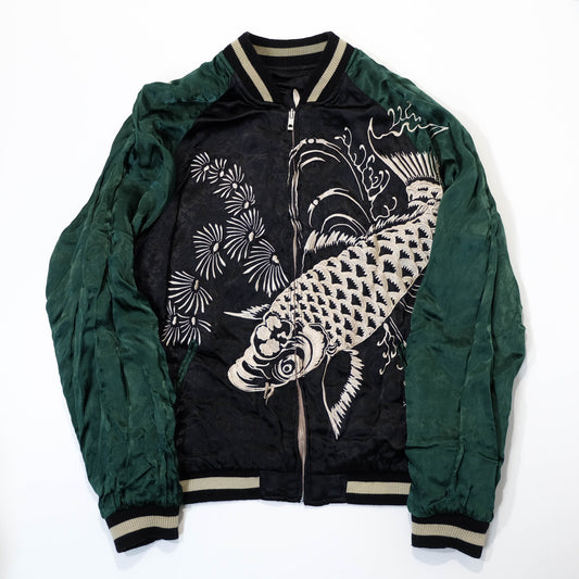 Traditional Japanese Koi Fish Wagara Embroidery Jacket Featuring Dynamic Water Motif & Vintage Yokosuka Style