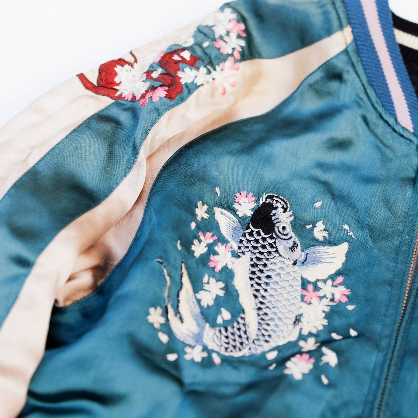 Japanese Sukajan Souvenir Jacket – Koi Carp, Sakura & Japan Map Reversible Embroidered Bomber Jacket