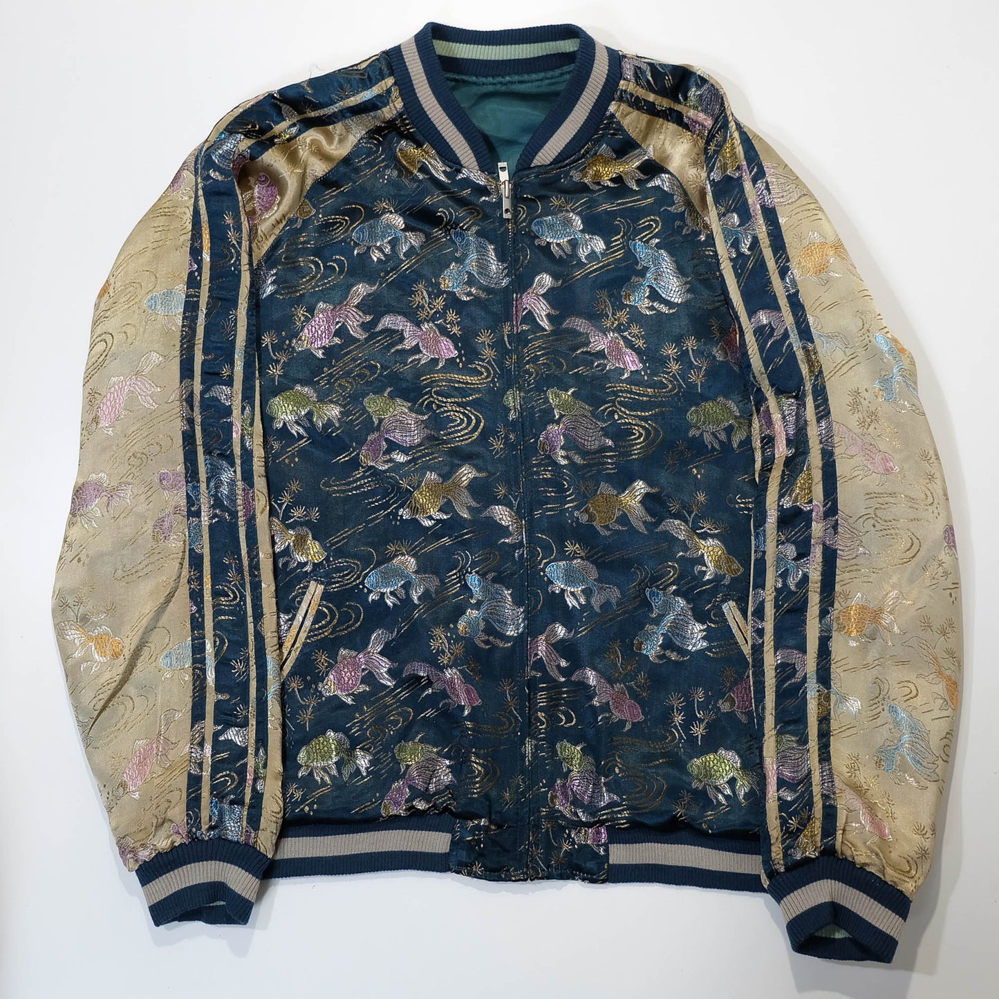 Elegant Japanese Embroidered Jacket Featuring Traditional Kingyo Goldfish, Water Ripples & Edo-Inspired Artwork