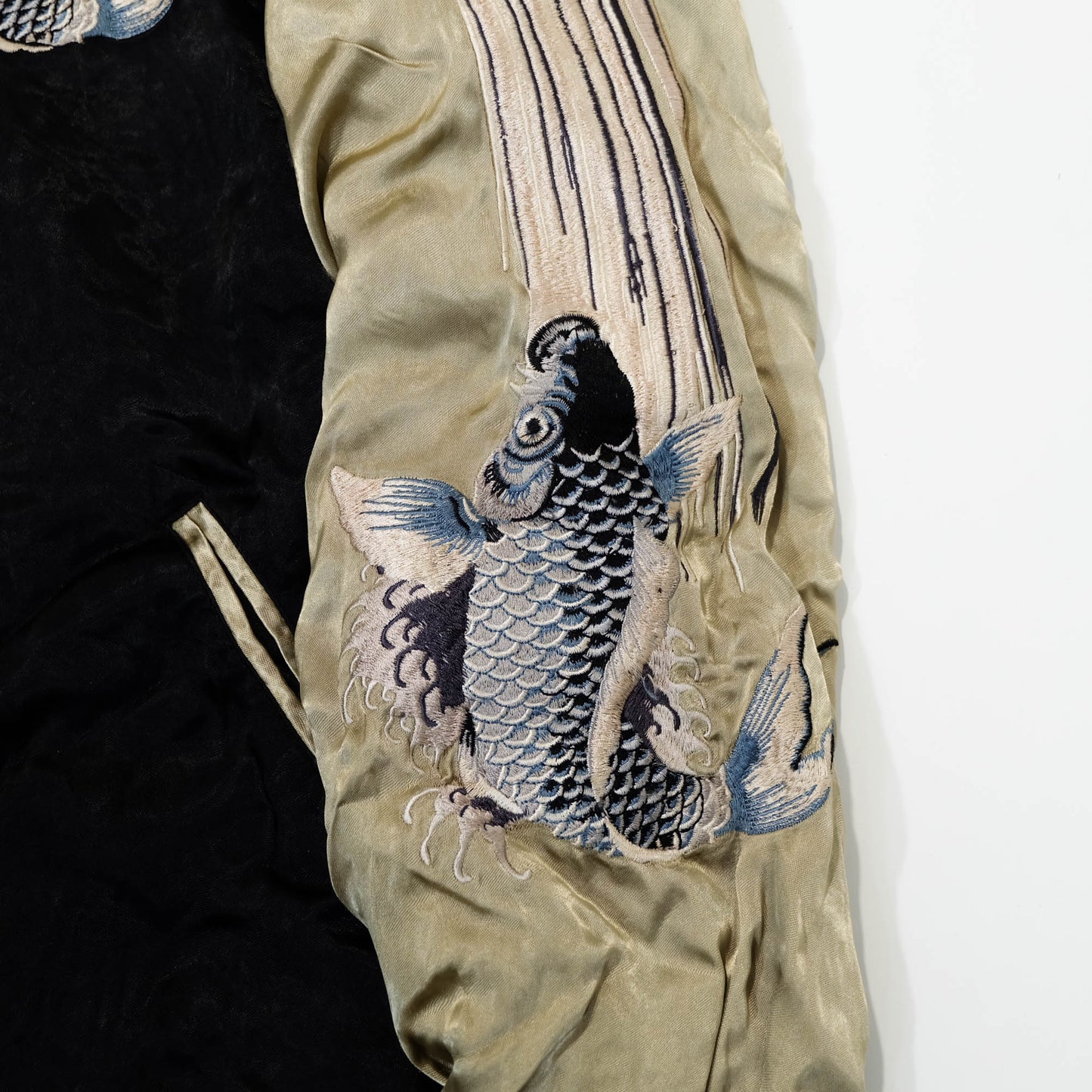 Traditional Japanese Koi Fish Wagara Embroidery Jacket Featuring Dynamic Water Motif & Vintage Yokosuka Style