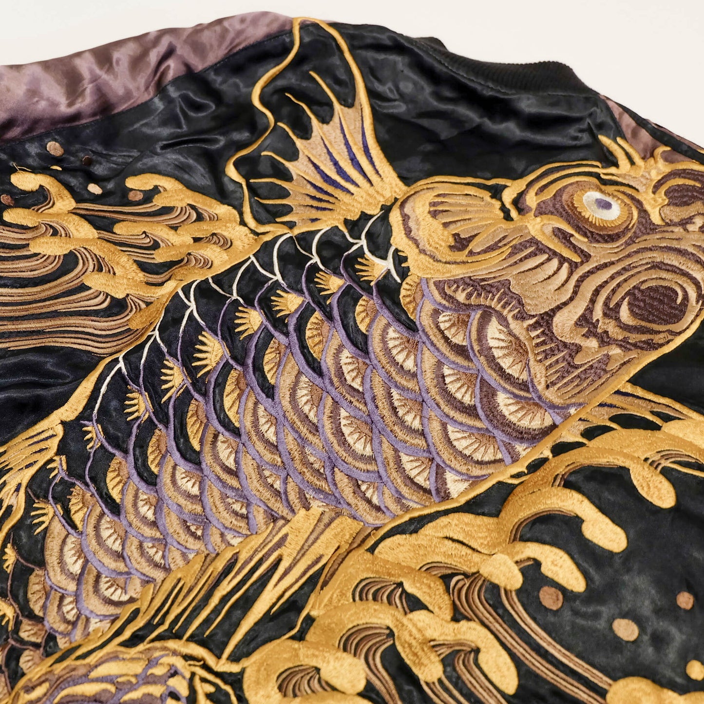 Ryu-Oh Reversible Koi Fish Sukajan Jacket Size L Vintage Japanese Souvenir Bomber | Rising Koi Tattoo Art, Lotus Crest & Brocade Sleeve Wearable Art