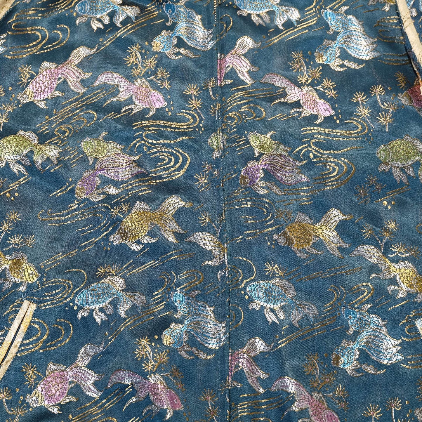 Elegant Japanese Embroidered Jacket Featuring Traditional Kingyo Goldfish, Water Ripples & Edo-Inspired Artwork