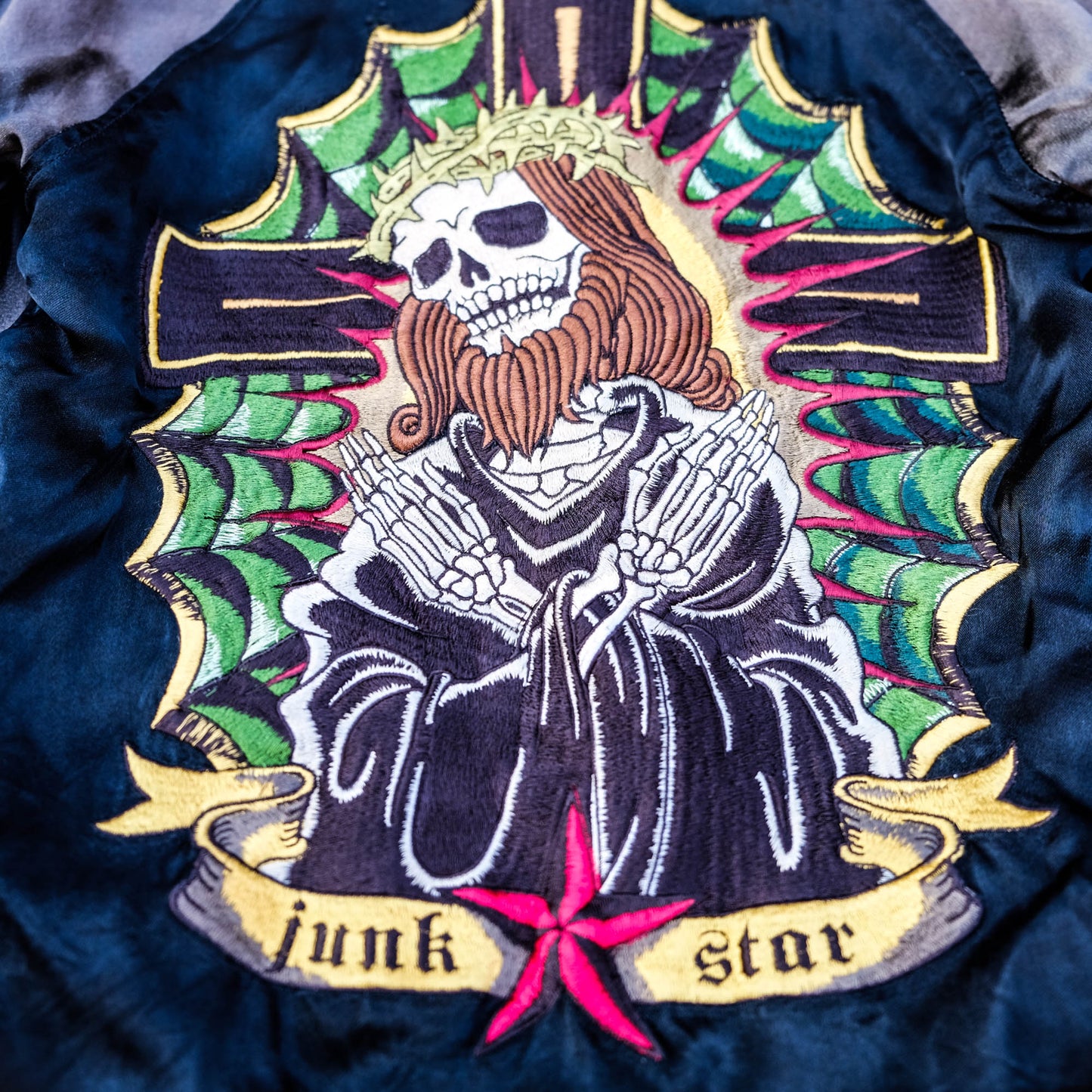 JUNK STAR Skull Monk Priest Cross Embroidery Sukajan Jacket XS | Japanese Streetwear Souvenir Jacket