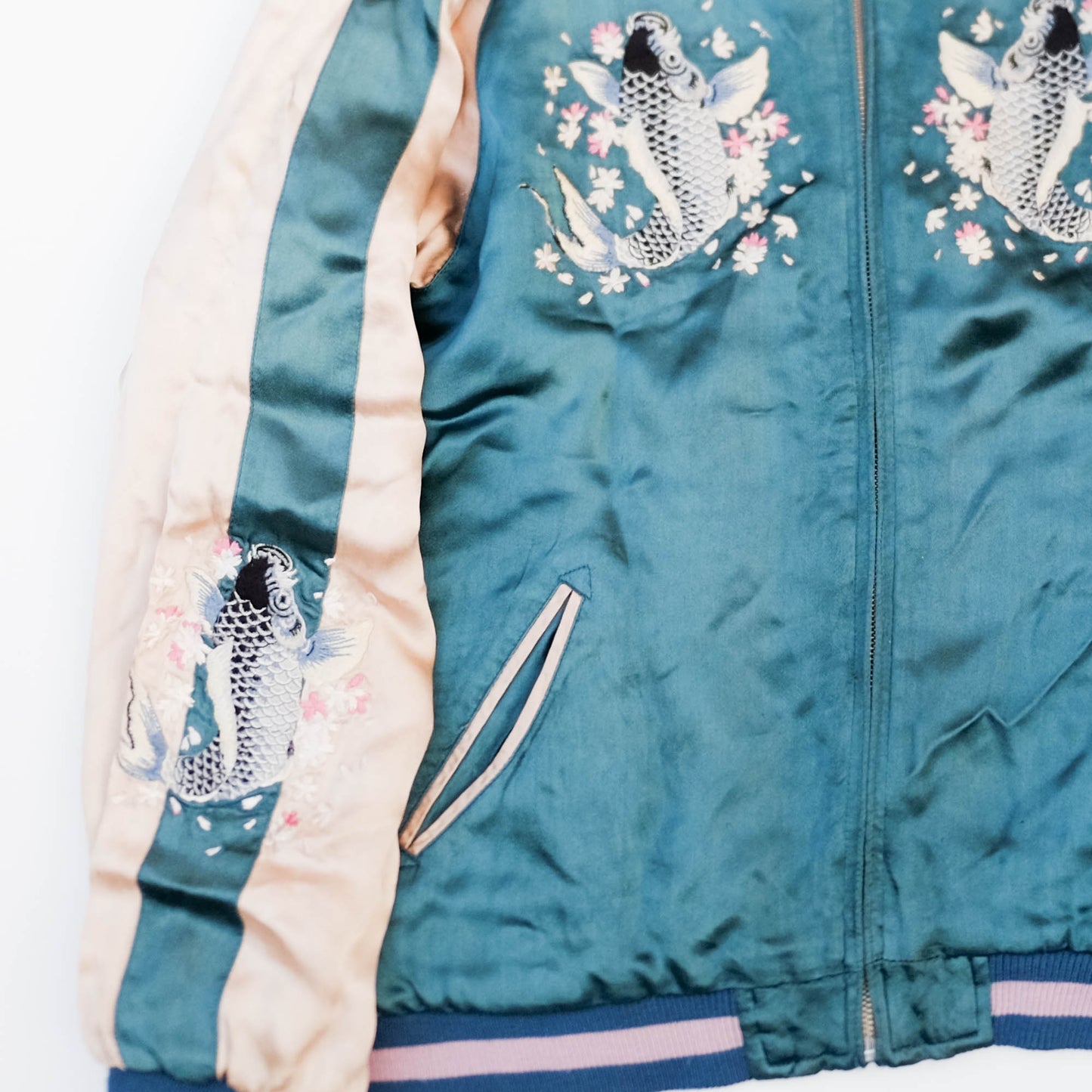 Japanese Sukajan Souvenir Jacket – Koi Carp, Sakura & Japan Map Reversible Embroidered Bomber Jacket