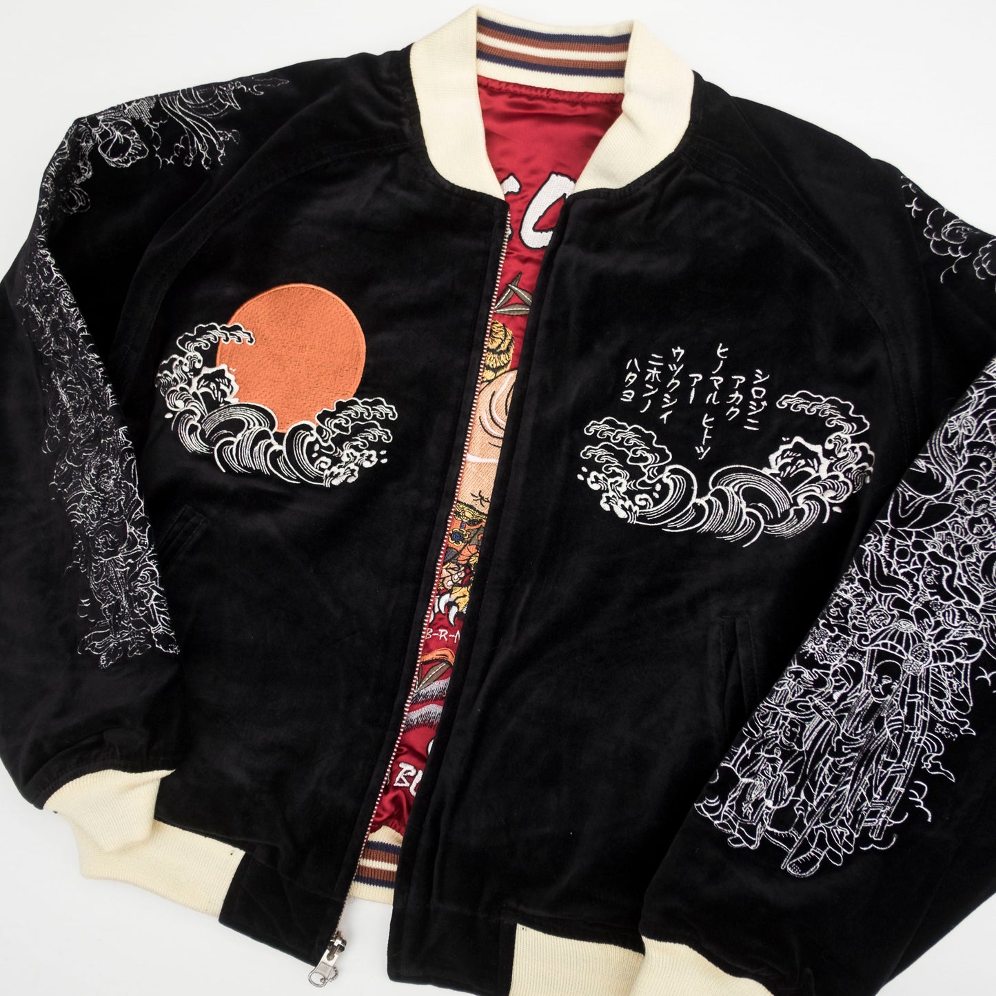 Tedman SUIKODEN Japanese Yamabushi Warrior Hinomaru Embroidered Embroidery Souvenir Sukajan Yokosuka Jumper Bomber Tattoo Art Design Velvet Velour Reversible Jacket ( Size 38: S )