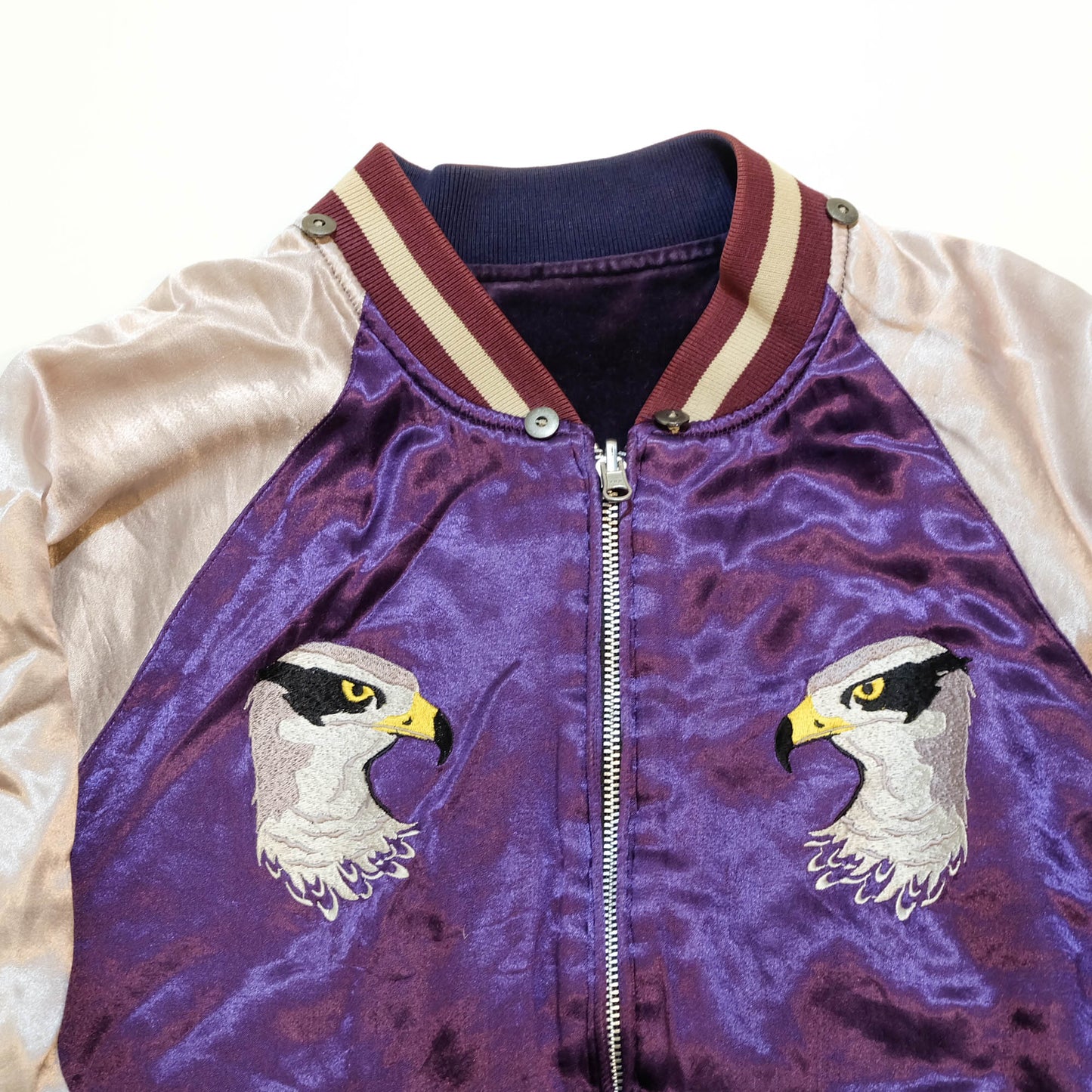 PPFM Peyton’s Place for Men Vintage Velvet Sukajan Jacket | Japanese Hinomaru Eagle Wolf Embroidery Souvenir Bomber Jacket Purple Size M-L