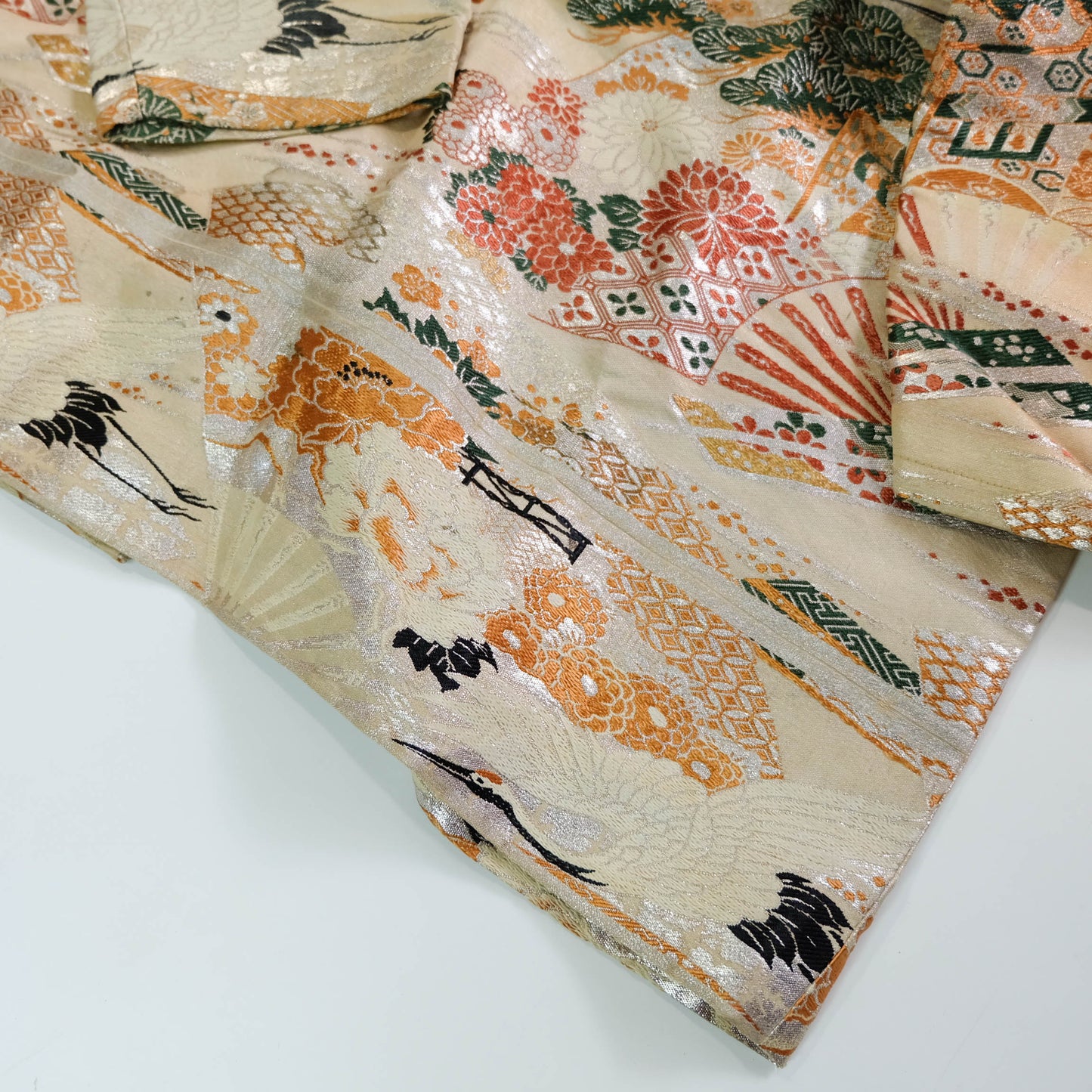 One-of-a-Kind Japanese Wagara Brocade Jacket with Tsuru Cranes, Sensu Fans, Pine, Chrysanthemum & Classical Geometric Motifs