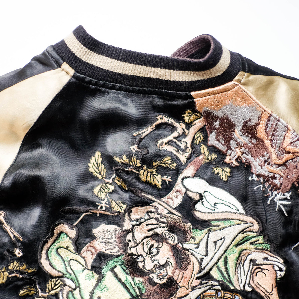 Shōki Demon Slayer & Flaming Tiger Reversible Sukajan Jacket Size L | Japanese Embroidered Souvenir Bomber