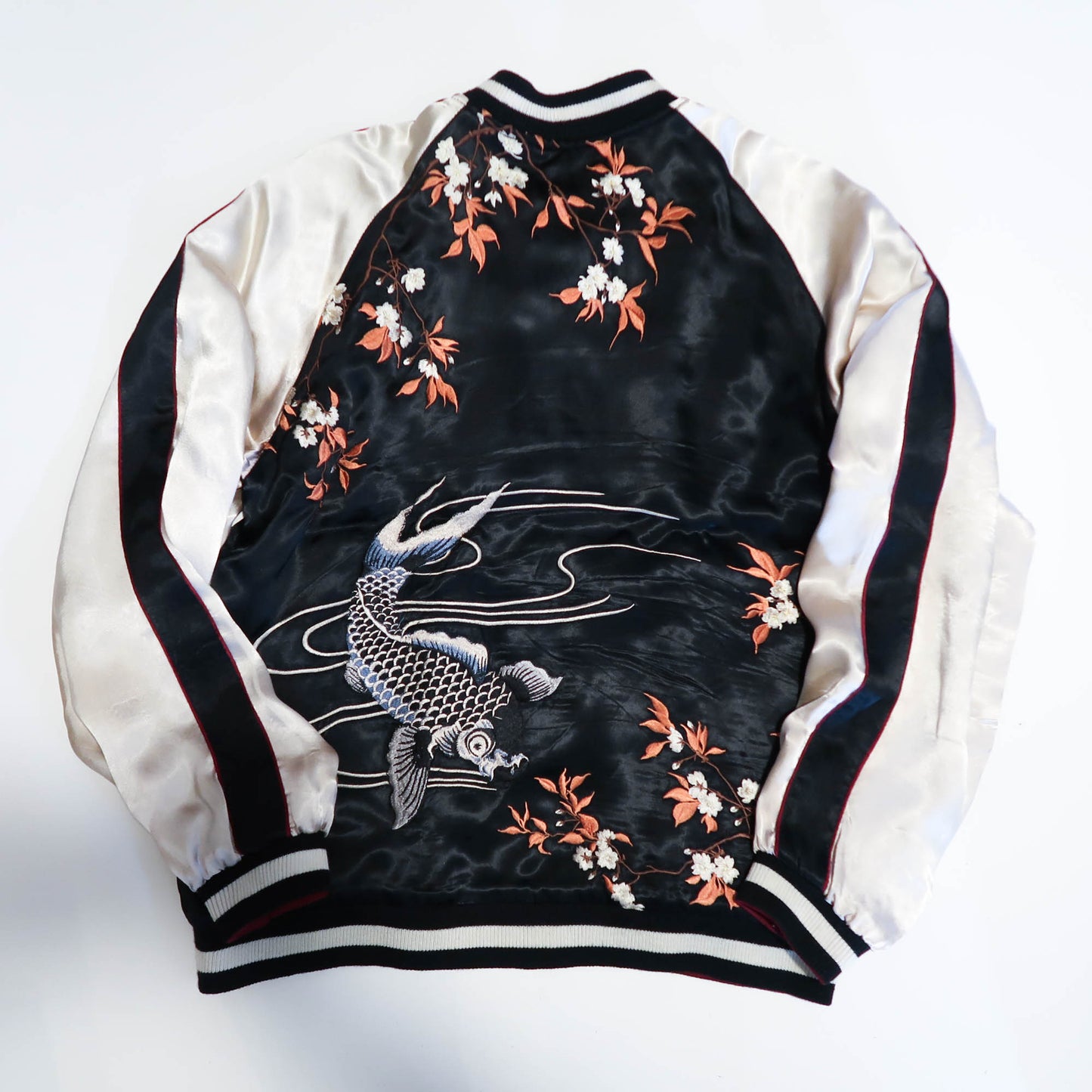 Japanese Sukajan Souvenir Jacket – Koi Carp & Sakura Reversible Embroidered Bomber Jacket