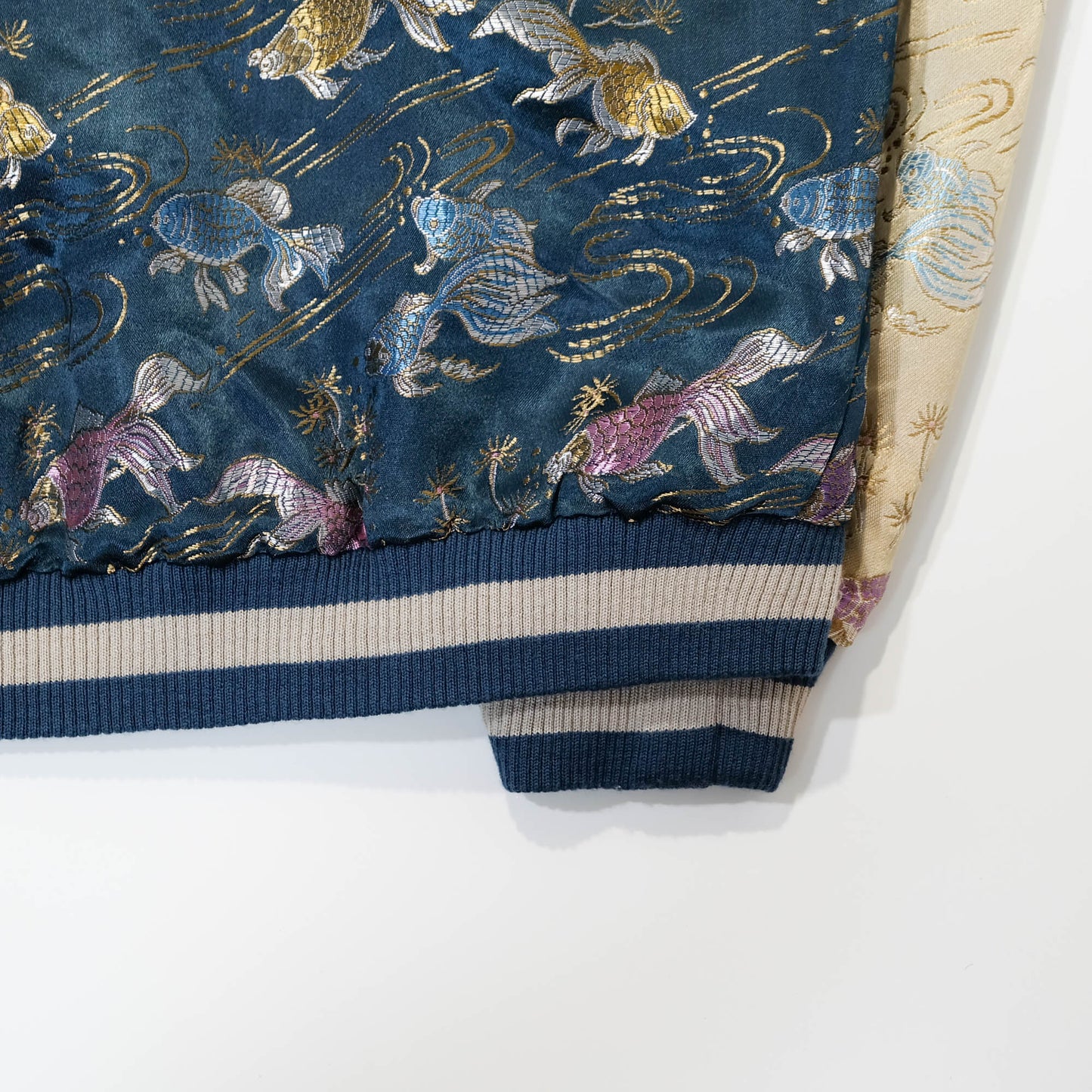 Elegant Japanese Embroidered Jacket Featuring Traditional Kingyo Goldfish, Water Ripples & Edo-Inspired Artwork