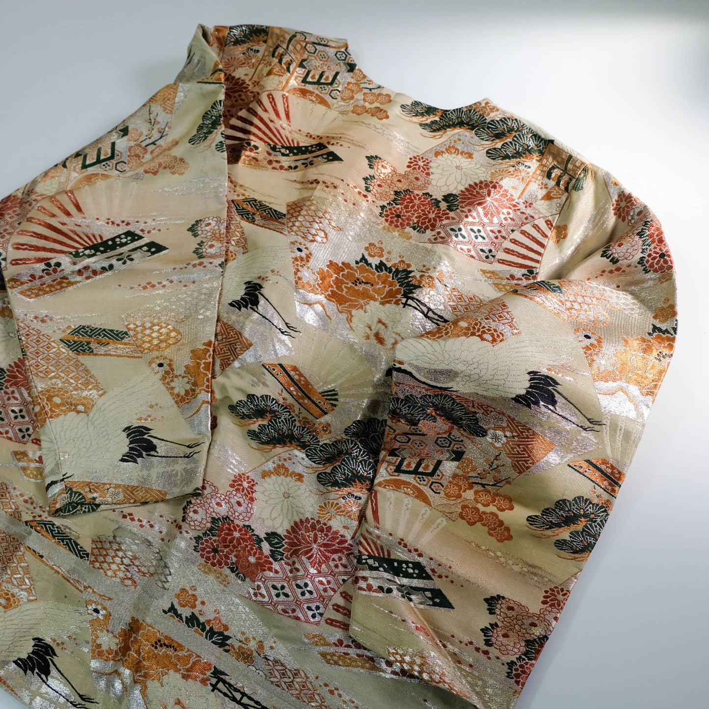 One-of-a-Kind Japanese Wagara Brocade Jacket with Tsuru Cranes, Sensu Fans, Pine, Chrysanthemum & Classical Geometric Motifs
