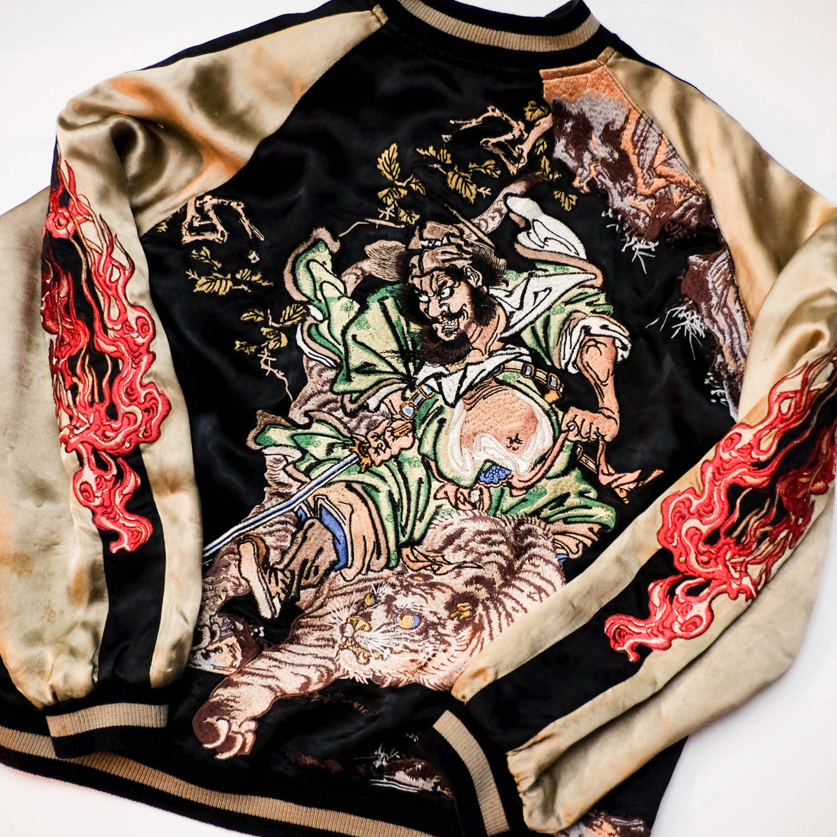Shōki Demon Slayer & Flaming Tiger Reversible Sukajan Jacket Size L | Japanese Embroidered Souvenir Bomber