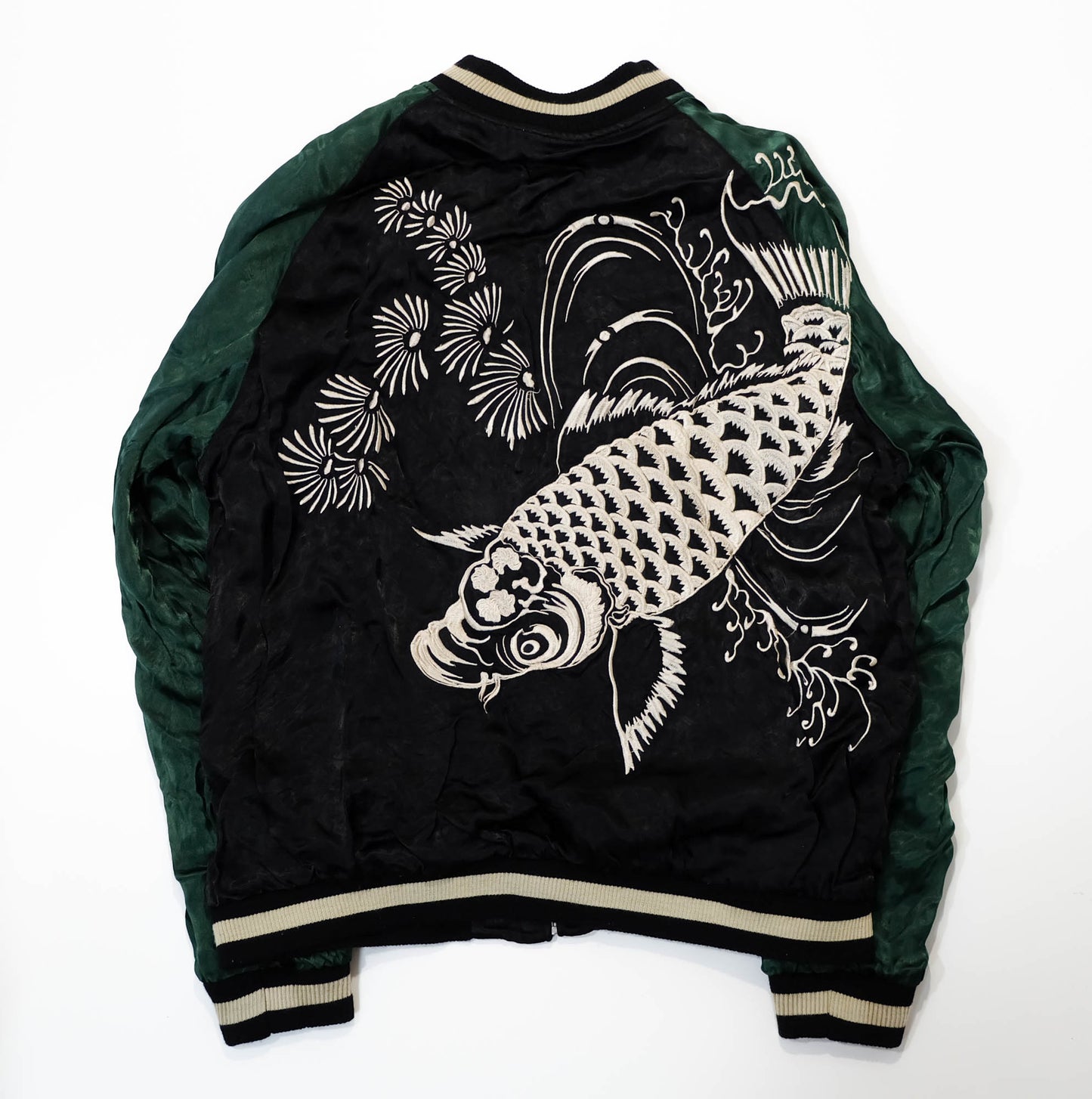 Traditional Japanese Koi Fish Wagara Embroidery Jacket Featuring Dynamic Water Motif & Vintage Yokosuka Style