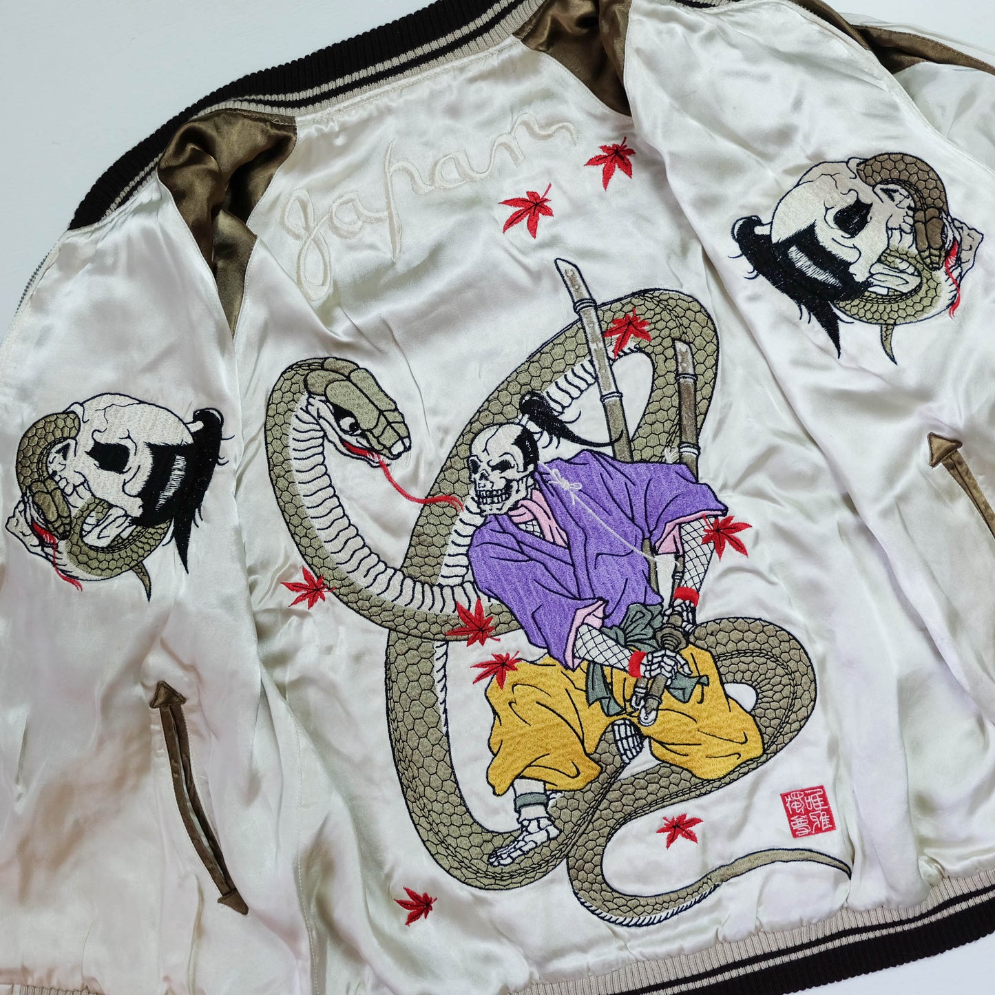 Japanese Vintage Reversible Street Fashion Cropped Heads Snake Hebi Dragon Samurai Punk Rockabilly Souvenir Sukajan Jacket