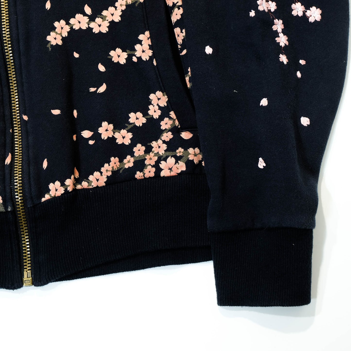 Elegant Japanese Streetwear Hoodie with Cascading Sakura Branch Embroidery, Falling Petals and Wagara-Inspired Floral Art