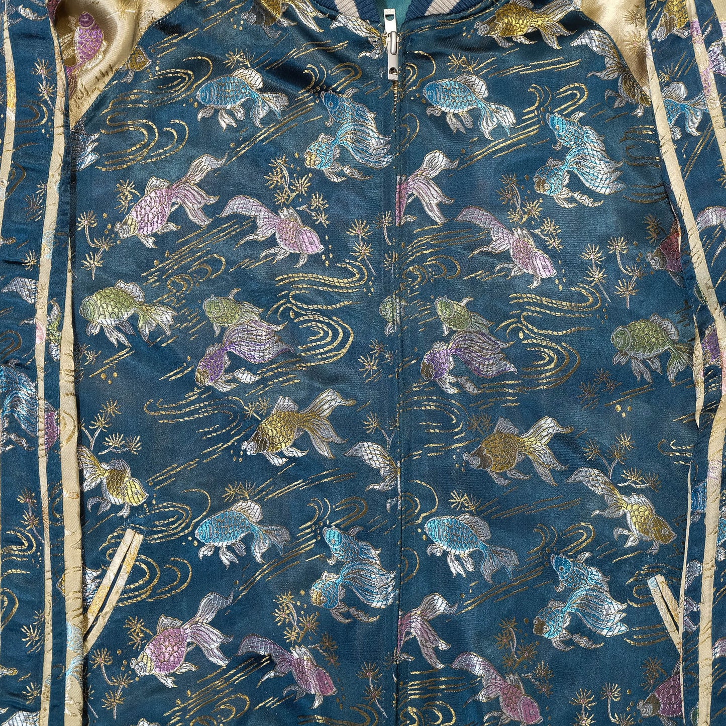 Elegant Japanese Embroidered Jacket Featuring Traditional Kingyo Goldfish, Water Ripples & Edo-Inspired Artwork