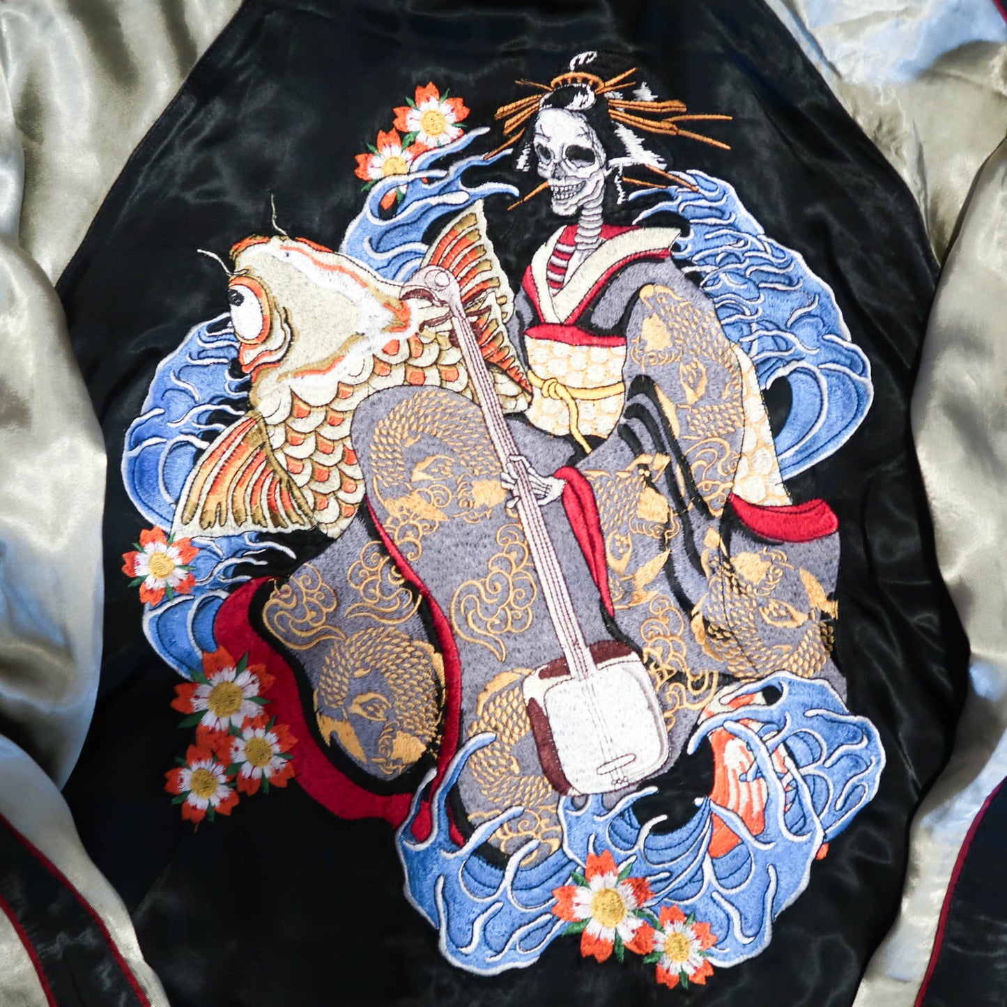 Skeleton Geisha Shamisen Sukajan Jacket | Japanese Punk Rockabilly Embroidered Souvenir Bomber Jacket