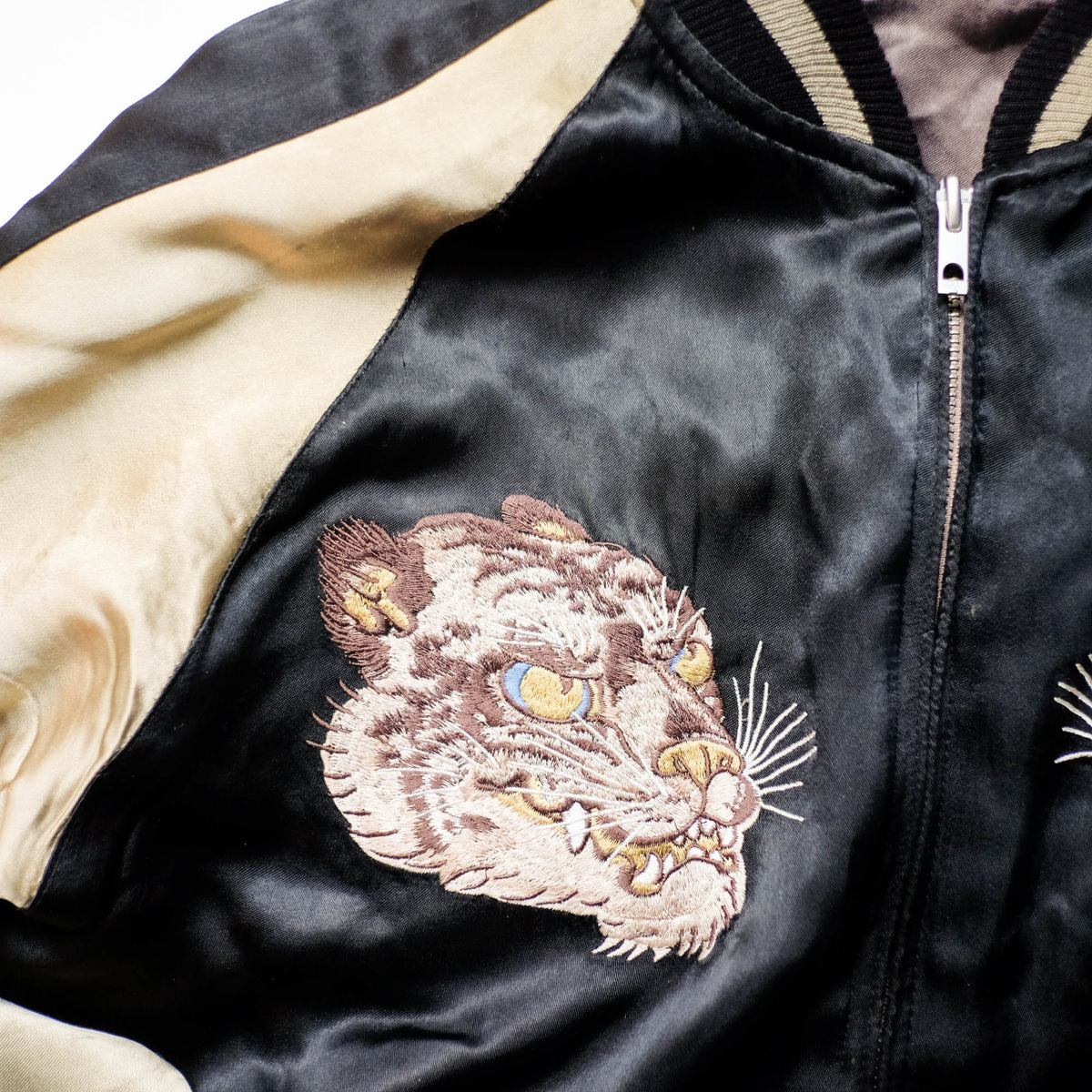 Shōki Demon Slayer & Flaming Tiger Reversible Sukajan Jacket Size L | Japanese Embroidered Souvenir Bomber