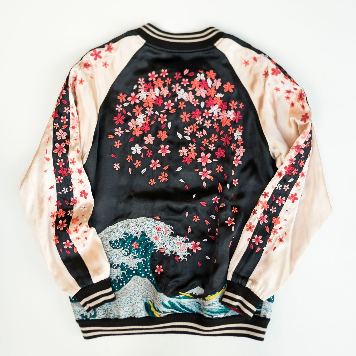 Super Rare Japanese Miyabi Musubi Rising Koi Fish Sakura Cherry Blossoms Hokusai Wave Embroidered Sukajan Souvenir Jacket ( Size: L )
