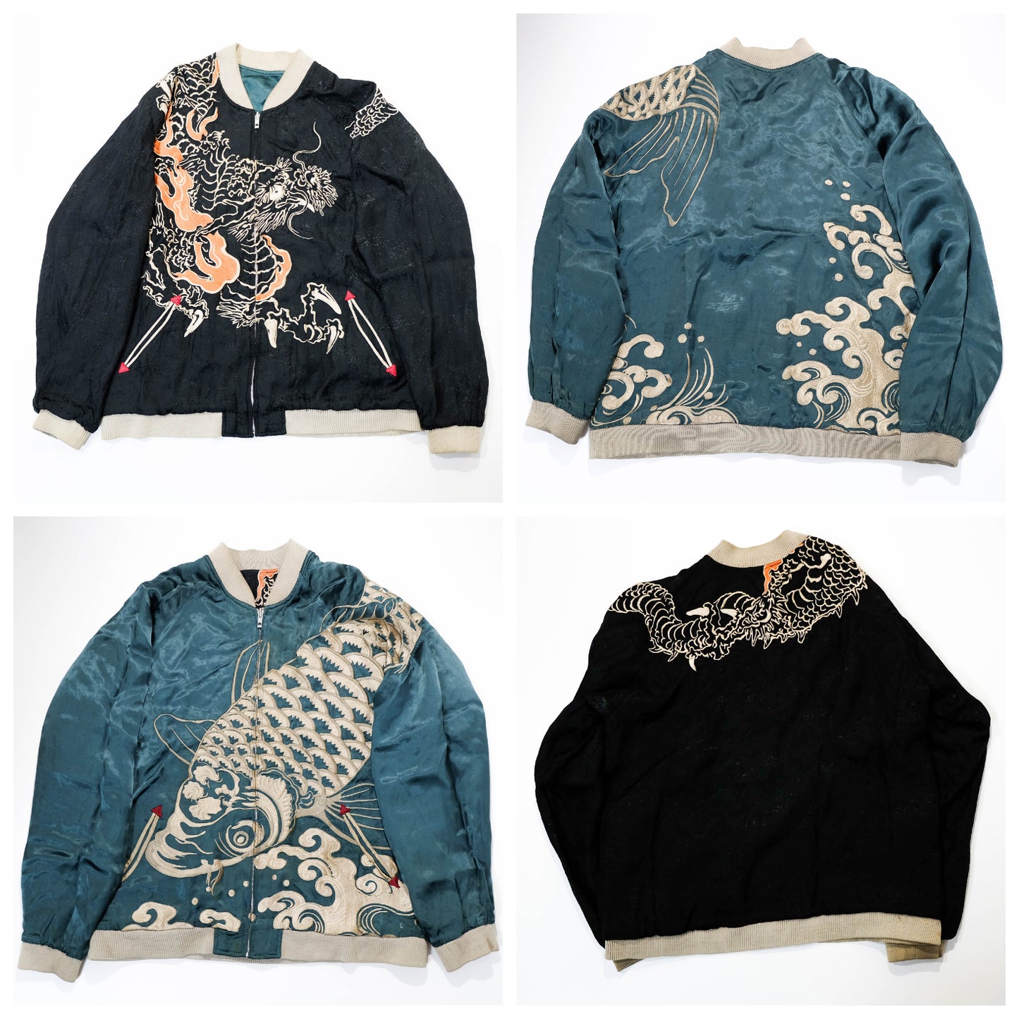 Japanese Sukajan Jacket XL Dragon & Koi Carp Water Wave Embroidery Reversible Yokosuka Bomber