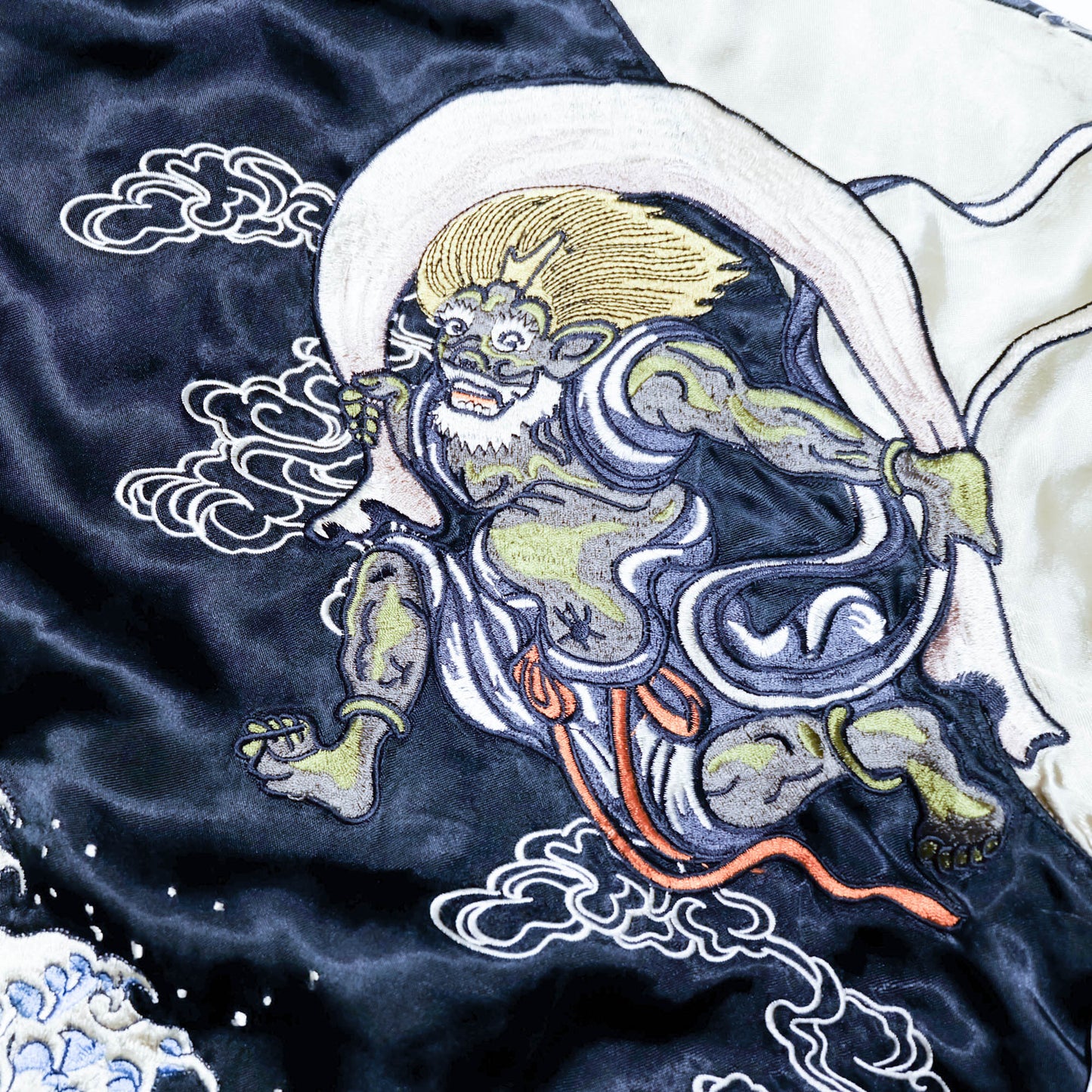 Rare Japanese Oni Wind & Thunder Gods × Great Wave Embroidered Rayon Souvenir Jacket