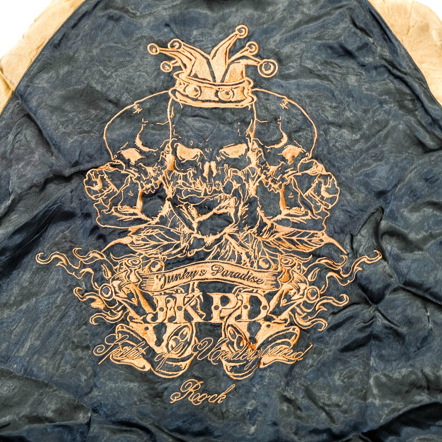 Junky’s Paradise Crown Skull Sukajan Jacket Black Gold Embroidered Japanese Rock Bomber Size L
