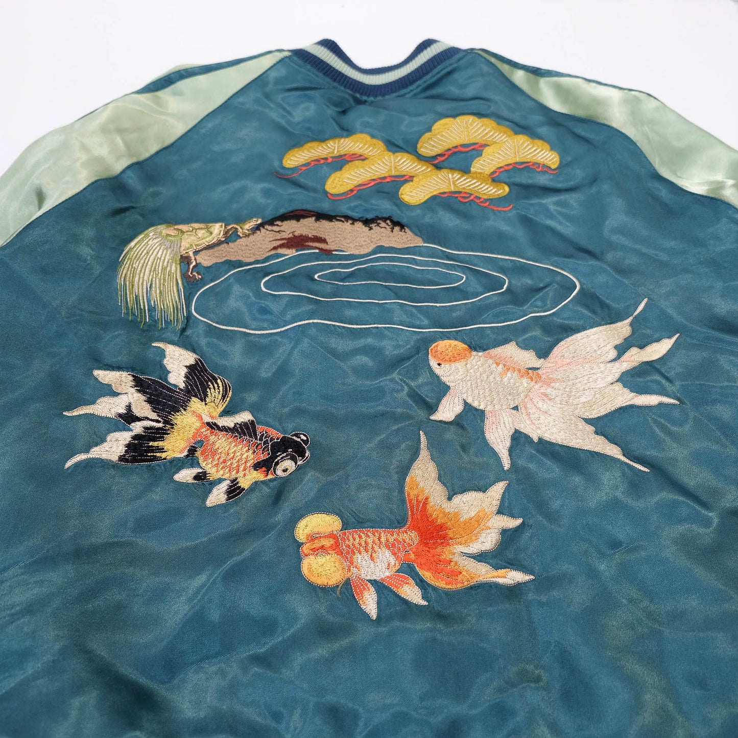 Elegant Japanese Embroidered Jacket Featuring Traditional Kingyo Goldfish, Water Ripples & Edo-Inspired Artwork