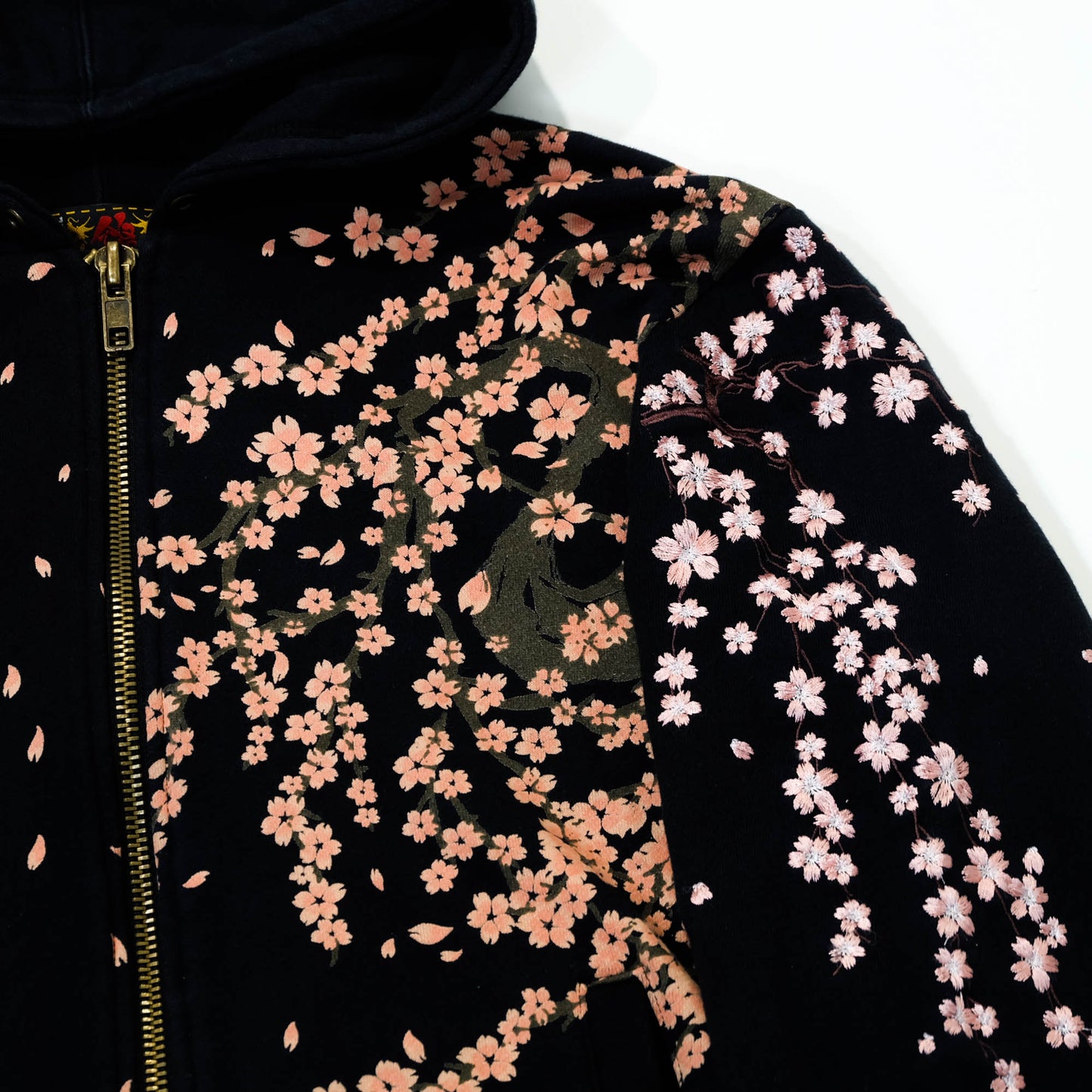 Elegant Japanese Streetwear Hoodie with Cascading Sakura Branch Embroidery, Falling Petals and Wagara-Inspired Floral Art