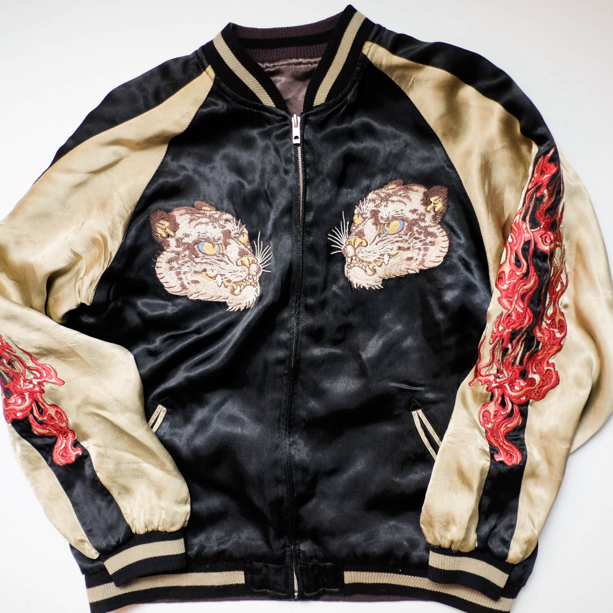 Shōki Demon Slayer & Flaming Tiger Reversible Sukajan Jacket Size L | Japanese Embroidered Souvenir Bomber