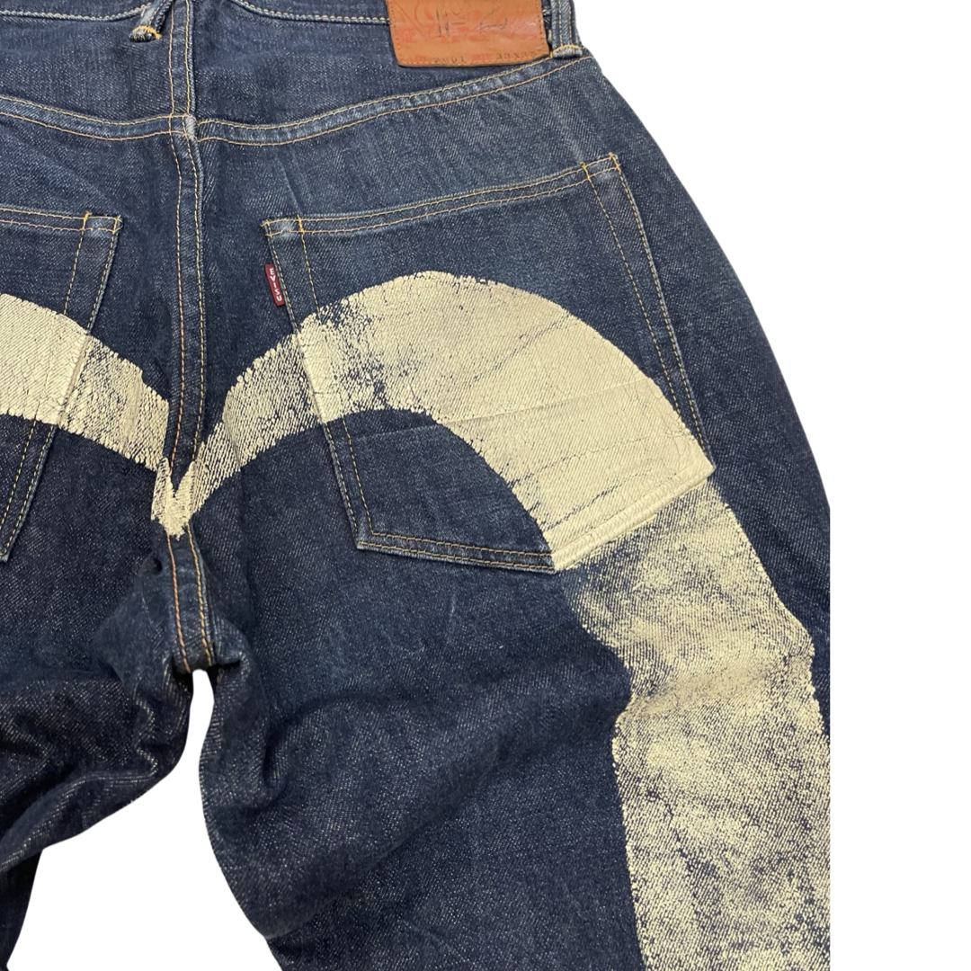 Japanese Amekaji Evisu Genes Osaka White Paint Denim Jeans 33 x 35 Japanese Amekaji Evisu Genes Osaka White Paint Denim Jeans 33 x 35