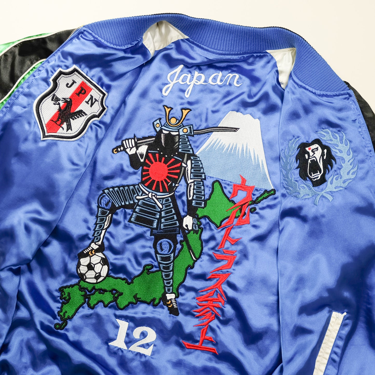 RARE Punk Drunkers Japan Japanese Samurai Musha Soccer Football South Africa Japan Team World Cup Memorabilia Embroidery Embroidered Reversible Satin Souvenir Sukajan Bomber Jacket ( Size : L )