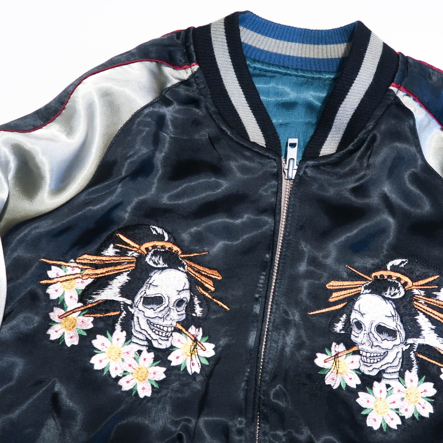 Skeleton Geisha Shamisen Sukajan Jacket | Japanese Punk Rockabilly Embroidered Souvenir Bomber Jacket