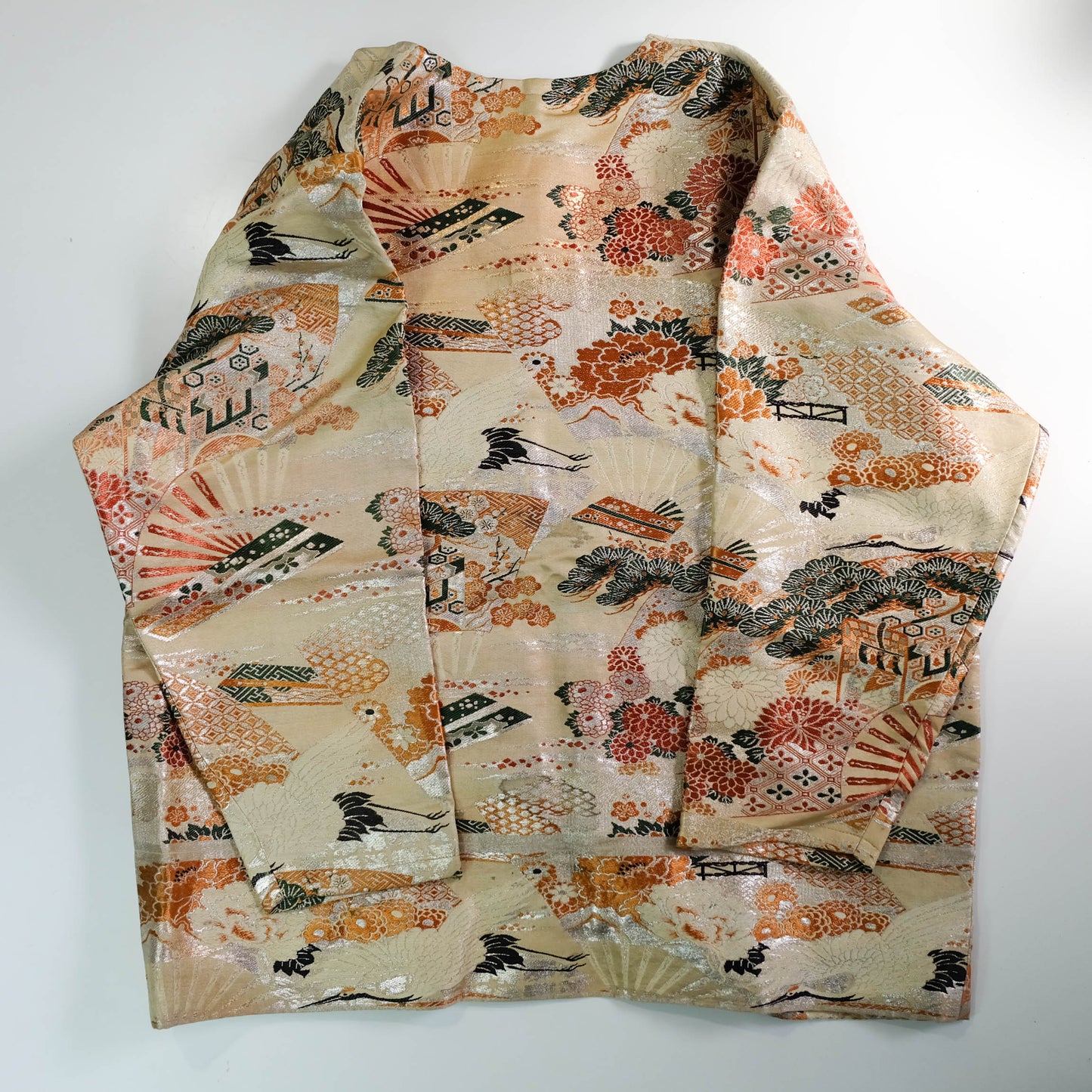One-of-a-Kind Japanese Wagara Brocade Jacket with Tsuru Cranes, Sensu Fans, Pine, Chrysanthemum & Classical Geometric Motifs