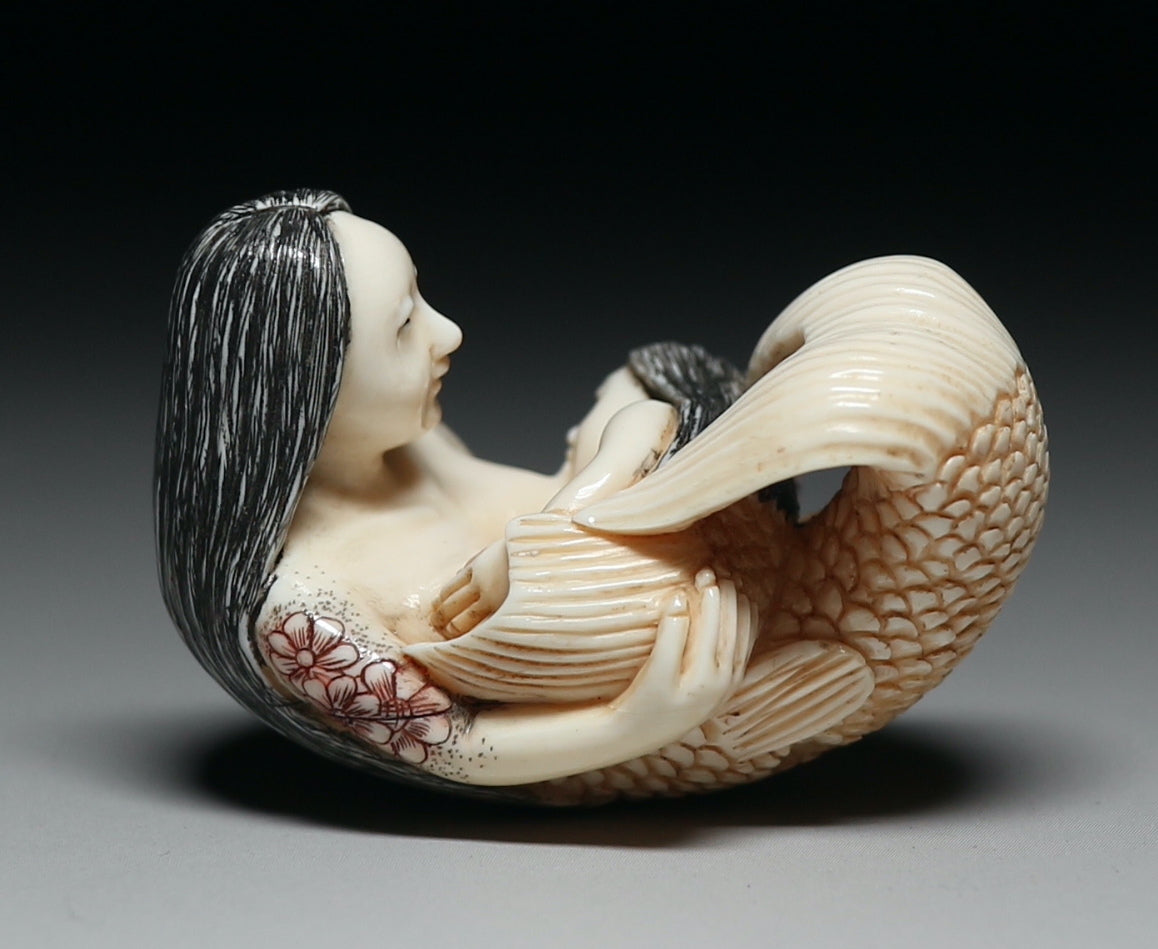 Japanese Erotica Risque Shunga Bijin Nude Mermaid Mother and Chile Sagemono Netsuke Okimono Doll Statue Art