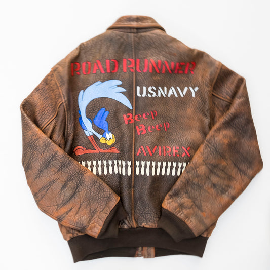 AVIREX Road Runner U.S. Navy Leather Flight Jacket Size M | Vintage Military Bomber Jacket