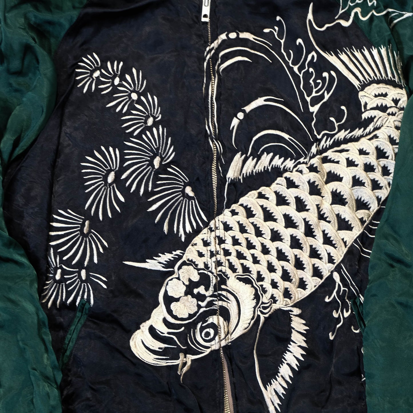 Traditional Japanese Koi Fish Wagara Embroidery Jacket Featuring Dynamic Water Motif & Vintage Yokosuka Style