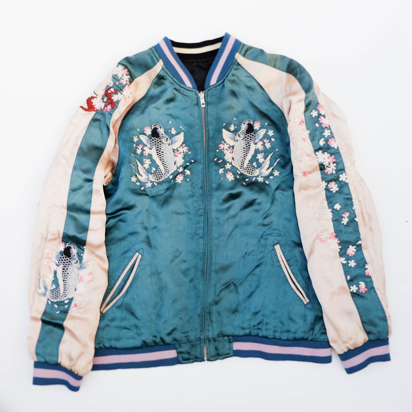 Japanese Sukajan Souvenir Jacket – Koi Carp, Sakura & Japan Map Reversible Embroidered Bomber Jacket