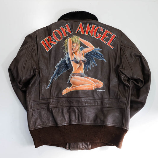 Vintage 1977 U.S. Navy G-1 Flight Jacket “IRON ANGEL” Custom Pin-Up Painted Leather Bomber | Ralph Edwards Sportswear MIL-J-7823E | Size 44