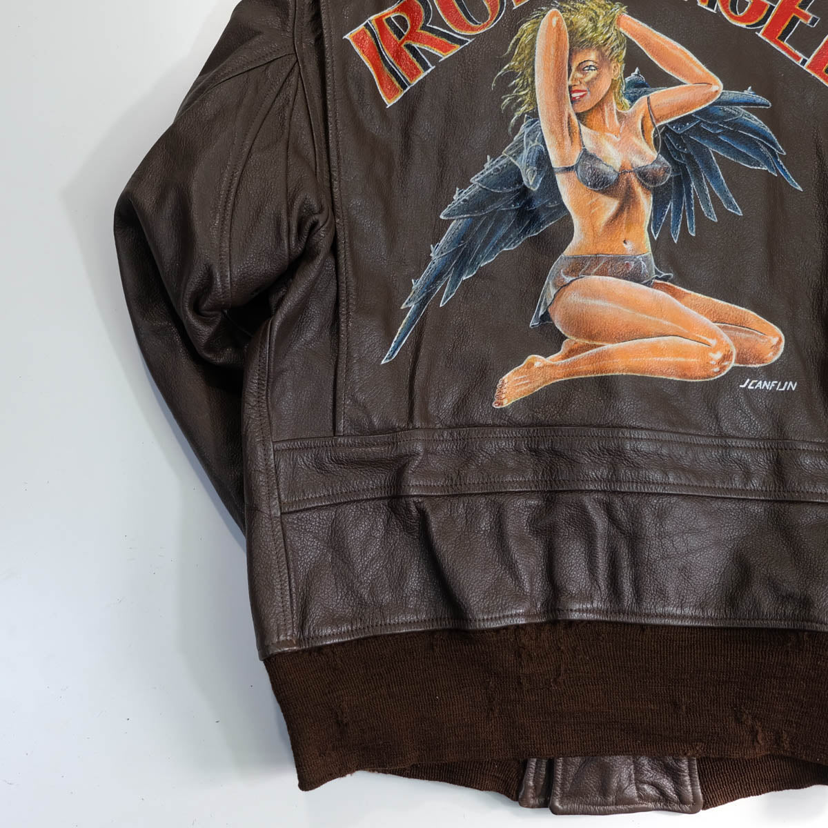 Chaqueta de vuelo G-1 de la Marina de EE. UU. de 1977, de Ralph Edwards, arte pin-up pintado en la nariz «Iron Angel», MIL-J-7823E, talla 44