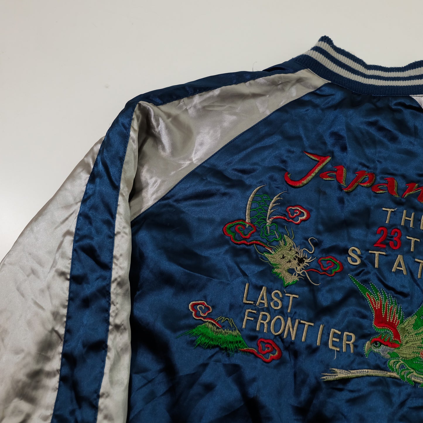 Vintage AJOP “Japan The 23th State / Last Frontier” Eagle Embroidered Sukajan Souvenir Jacket | Blue Silver Japanese Yokosuka Bomber | Tag Size 150