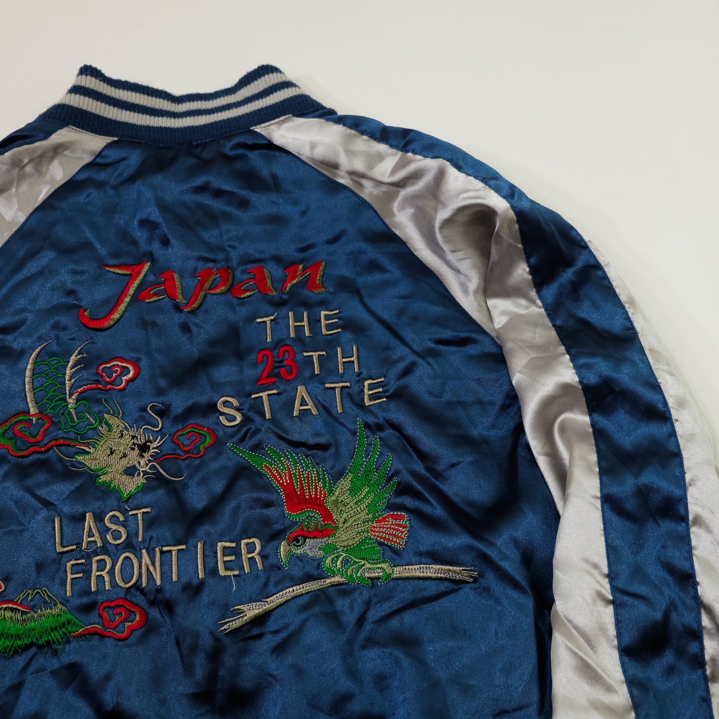 Vintage AJOP “Japan The 23th State / Last Frontier” Eagle Embroidered Sukajan Souvenir Jacket | Blue Silver Japanese Yokosuka Bomber | Tag Size 150