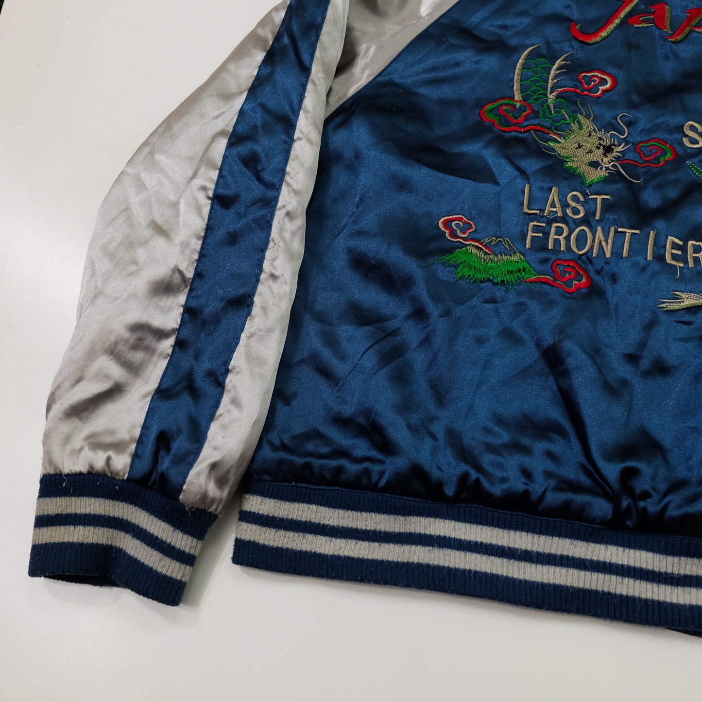 Vintage AJOP “Japan The 23th State / Last Frontier” Eagle Embroidered Sukajan Souvenir Jacket | Blue Silver Japanese Yokosuka Bomber | Tag Size 150