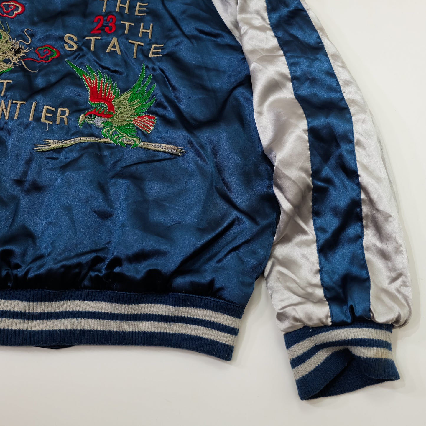 Vintage AJOP “Japan The 23th State / Last Frontier” Eagle Embroidered Sukajan Souvenir Jacket | Blue Silver Japanese Yokosuka Bomber | Tag Size 150