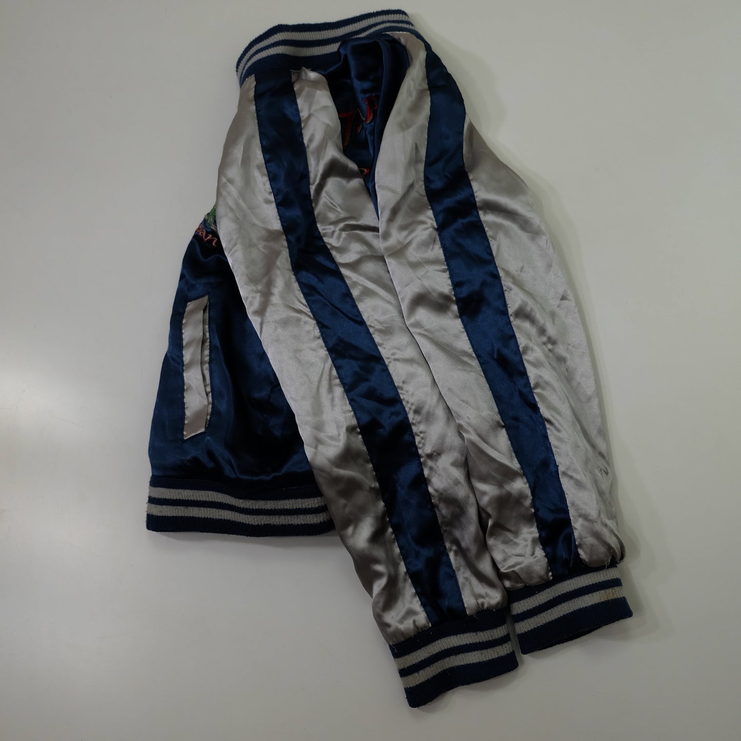 Vintage AJOP “Japan The 23th State / Last Frontier” Eagle Embroidered Sukajan Souvenir Jacket | Blue Silver Japanese Yokosuka Bomber | Tag Size 150