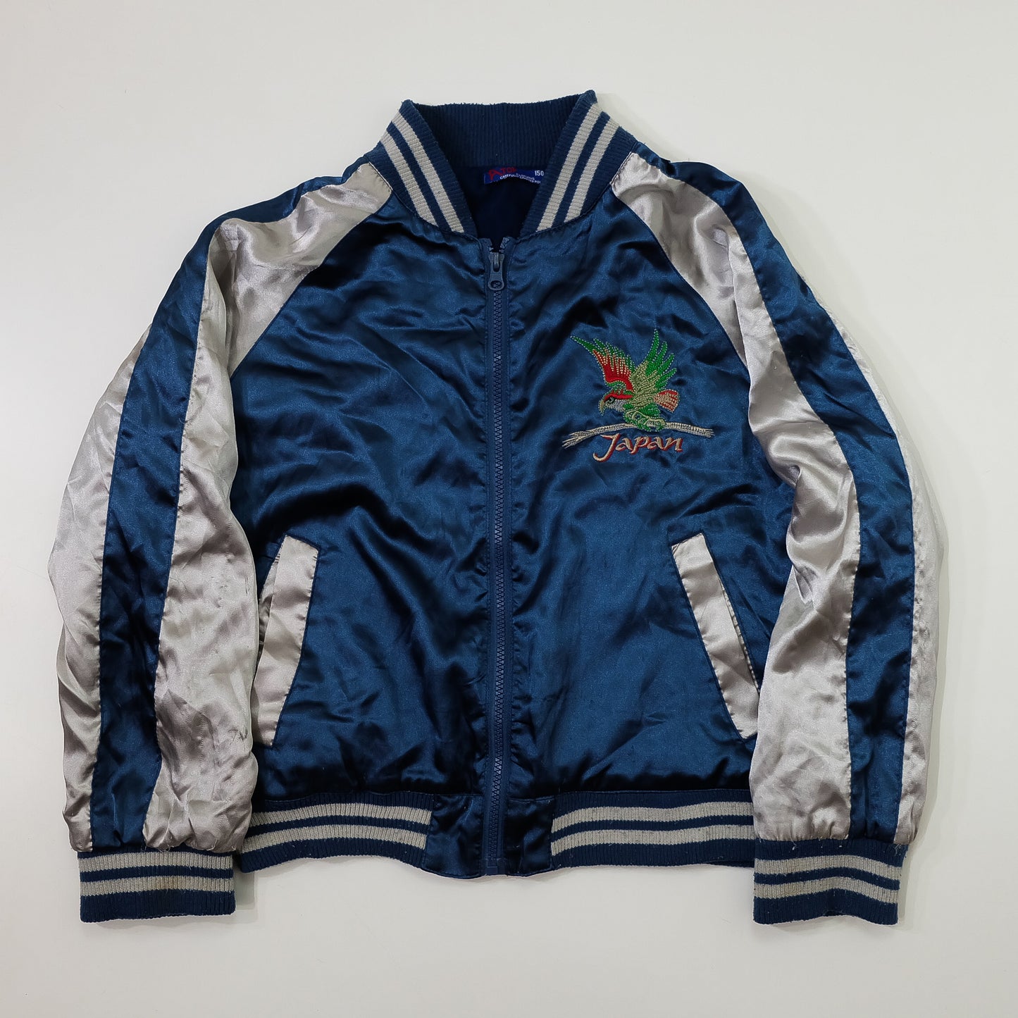 Vintage AJOP “Japan The 23th State / Last Frontier” Eagle Embroidered Sukajan Souvenir Jacket | Blue Silver Japanese Yokosuka Bomber | Tag Size 150
