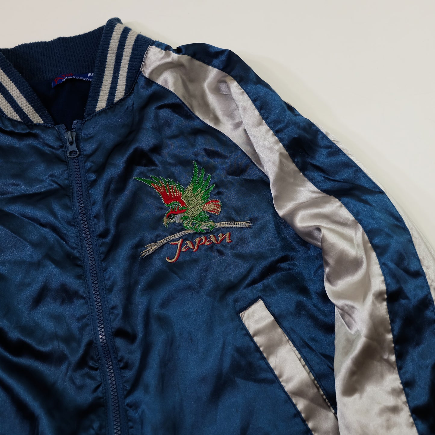Vintage AJOP “Japan The 23th State / Last Frontier” Eagle Embroidered Sukajan Souvenir Jacket | Blue Silver Japanese Yokosuka Bomber | Tag Size 150