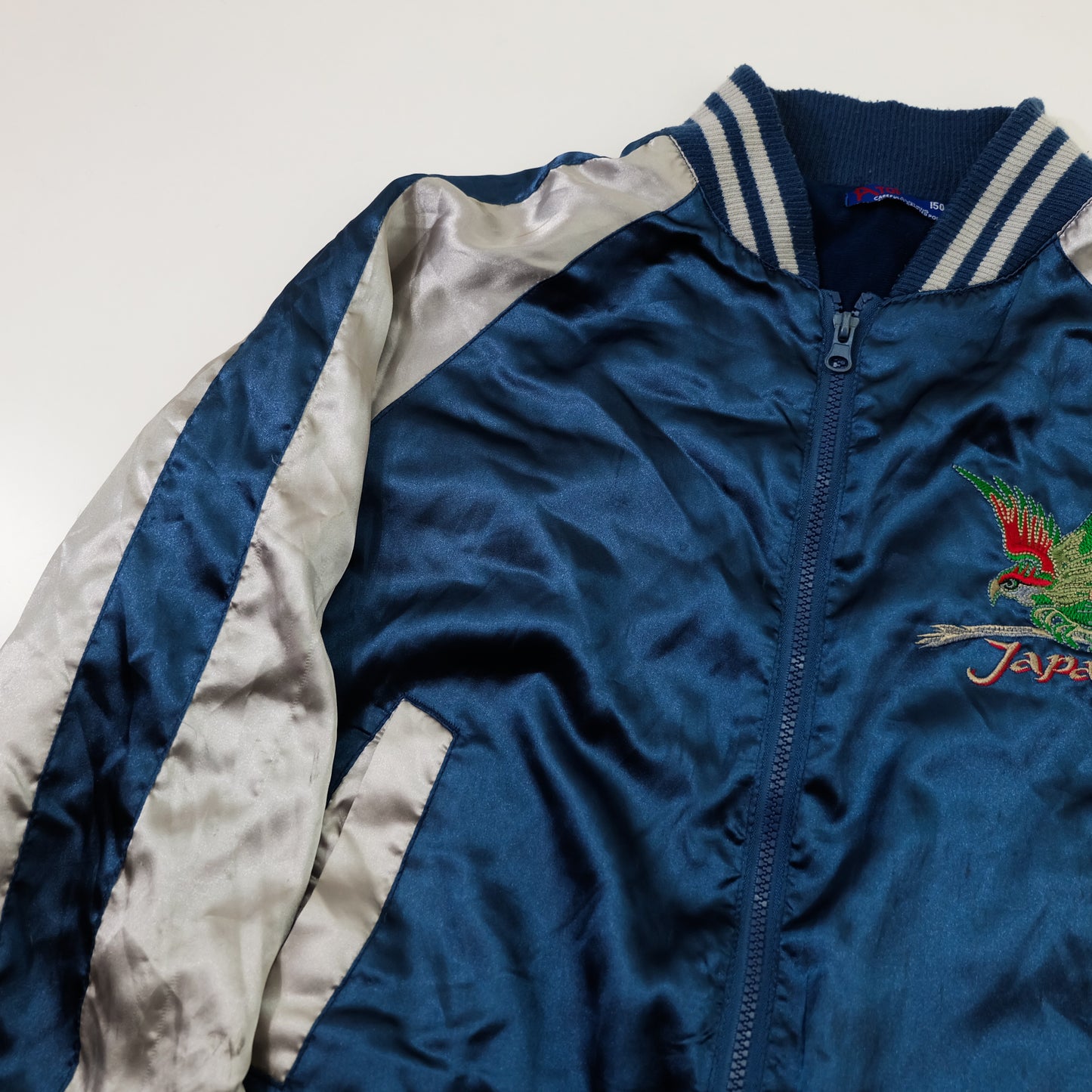 Vintage AJOP “Japan The 23th State / Last Frontier” Eagle Embroidered Sukajan Souvenir Jacket | Blue Silver Japanese Yokosuka Bomber | Tag Size 150