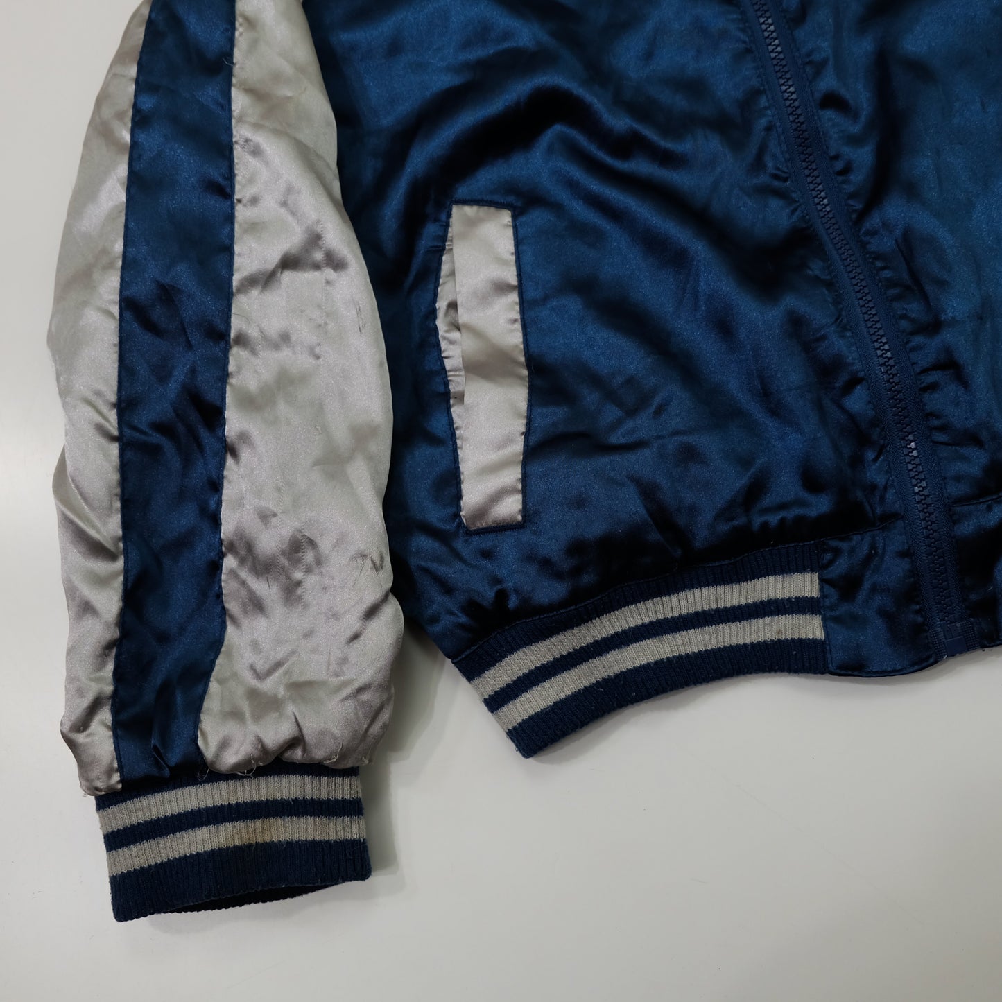 Vintage AJOP “Japan The 23th State / Last Frontier” Eagle Embroidered Sukajan Souvenir Jacket | Blue Silver Japanese Yokosuka Bomber | Tag Size 150