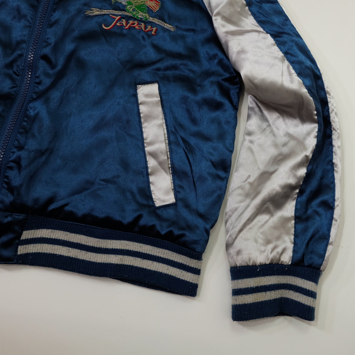 Vintage AJOP “Japan The 23th State / Last Frontier” Eagle Embroidered Sukajan Souvenir Jacket | Blue Silver Japanese Yokosuka Bomber | Tag Size 150