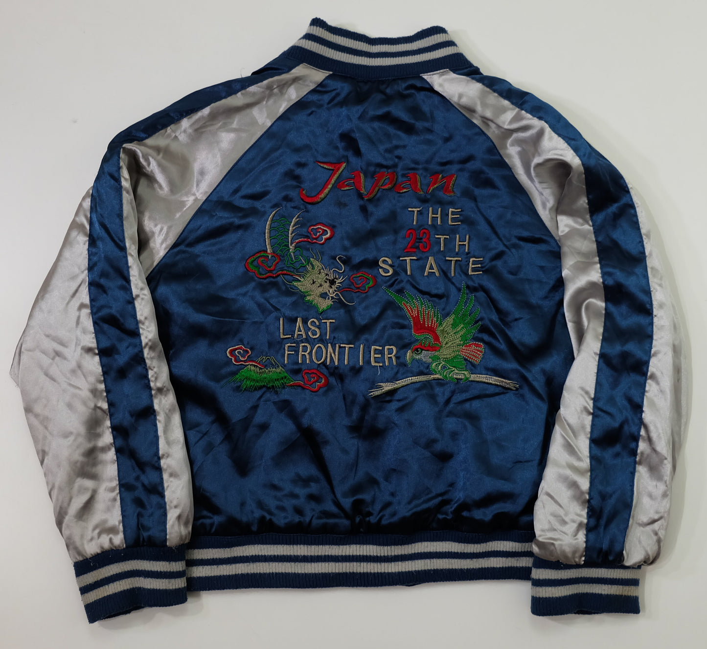 Vintage AJOP “Japan The 23th State / Last Frontier” Eagle Embroidered Sukajan Souvenir Jacket | Blue Silver Japanese Yokosuka Bomber | Tag Size 150